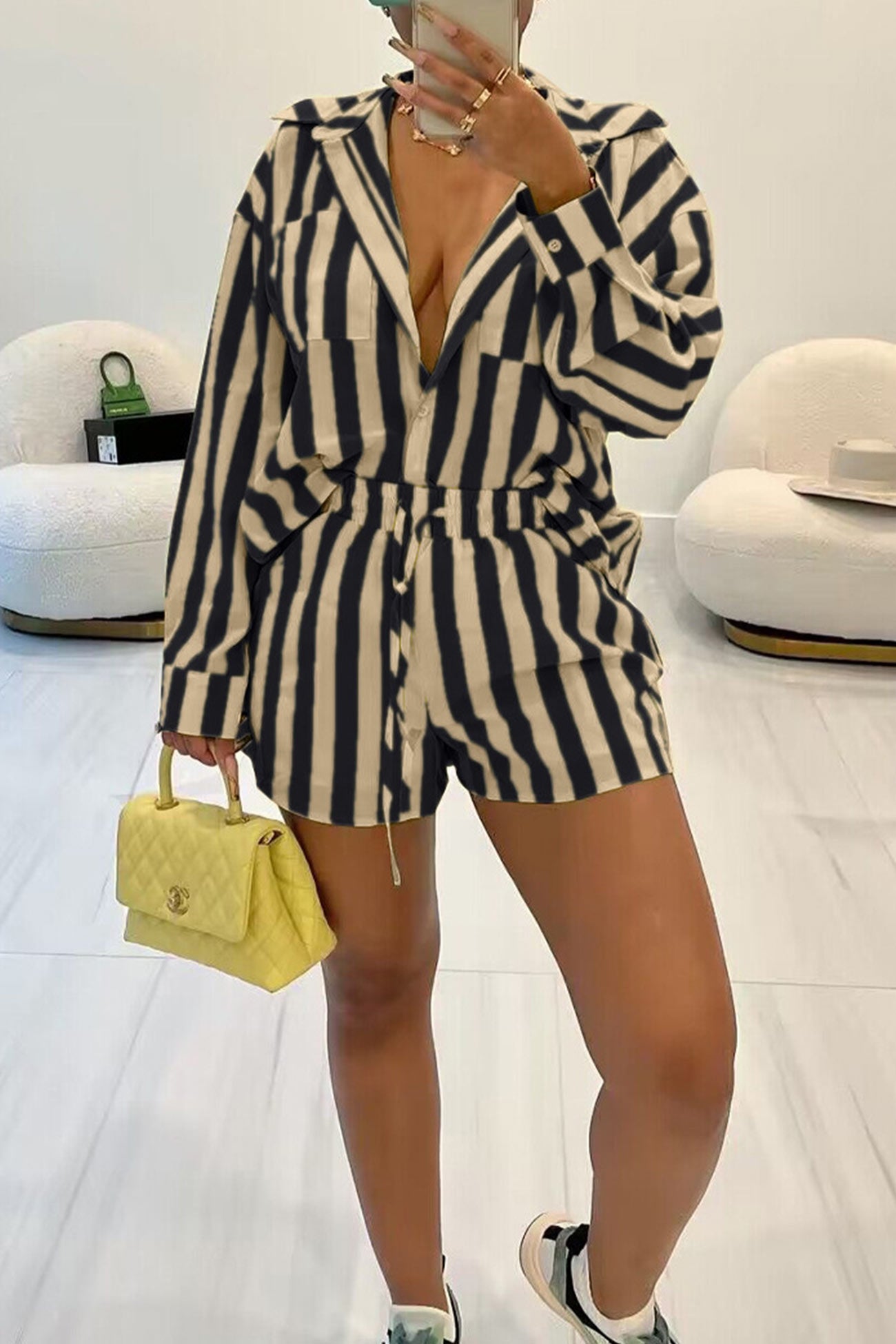 Contrast Striped Blouse Two-piece Shorts Set