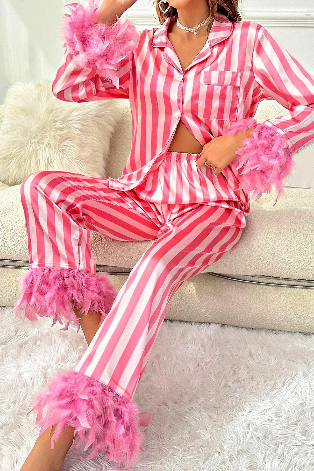 Contrast Striped Feather Splicing Loungewear