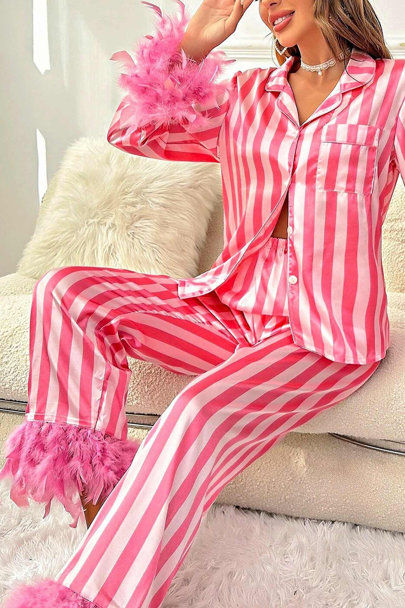 Contrast Striped Feather Splicing Loungewear