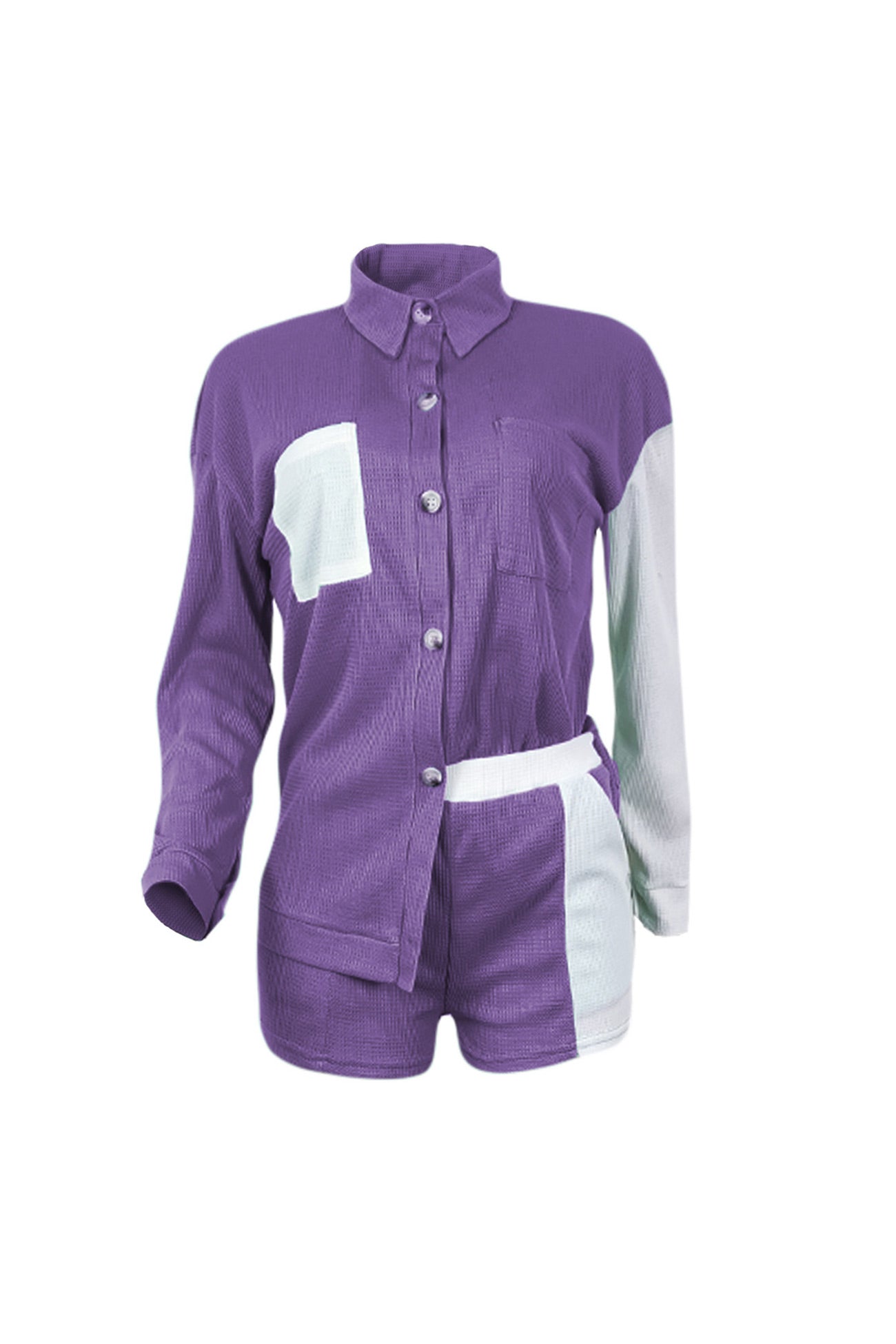 Contrast Waffle Shirt Shorts Set