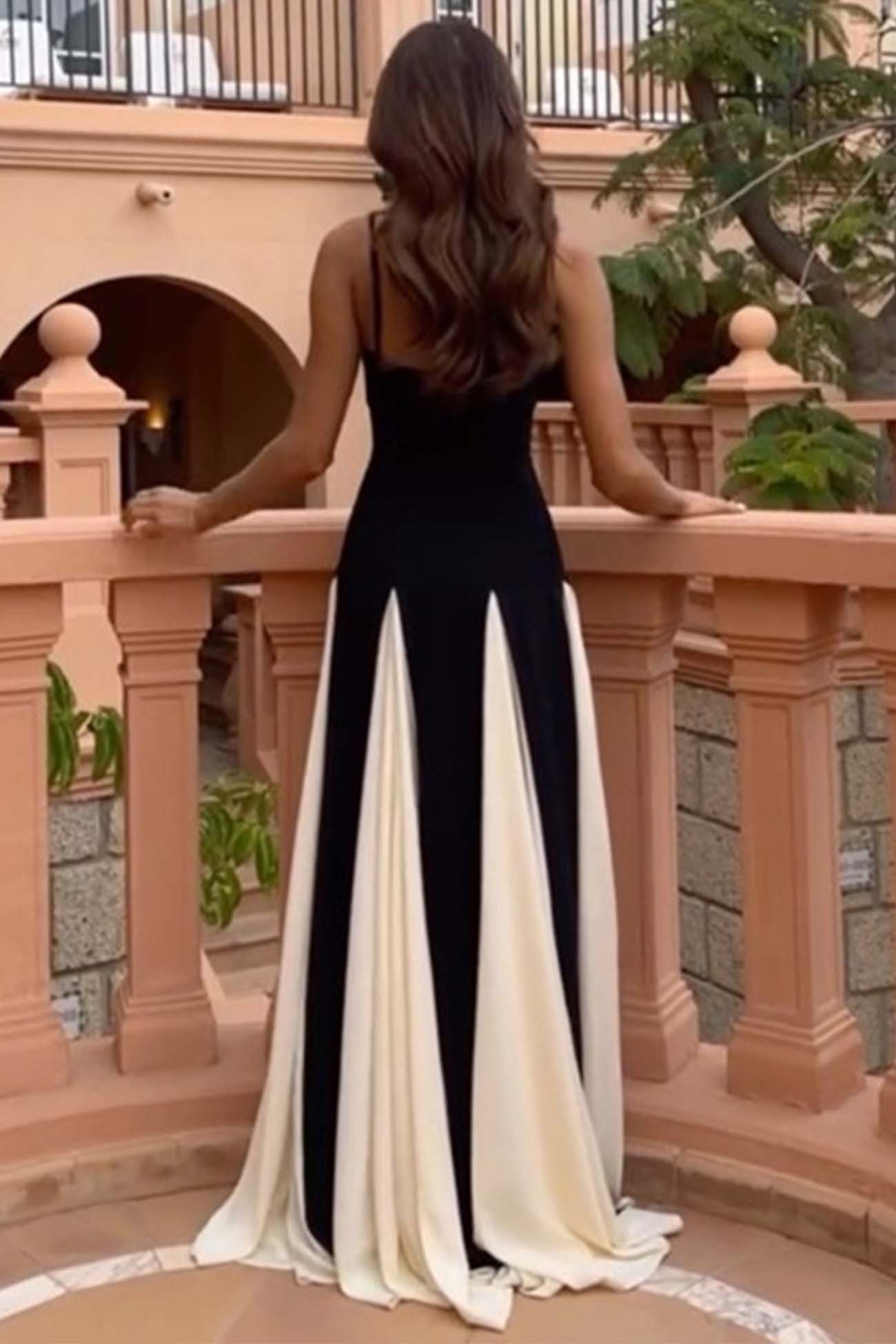 Contrast Color Pleated Spaghetti Strap Maxi Dress