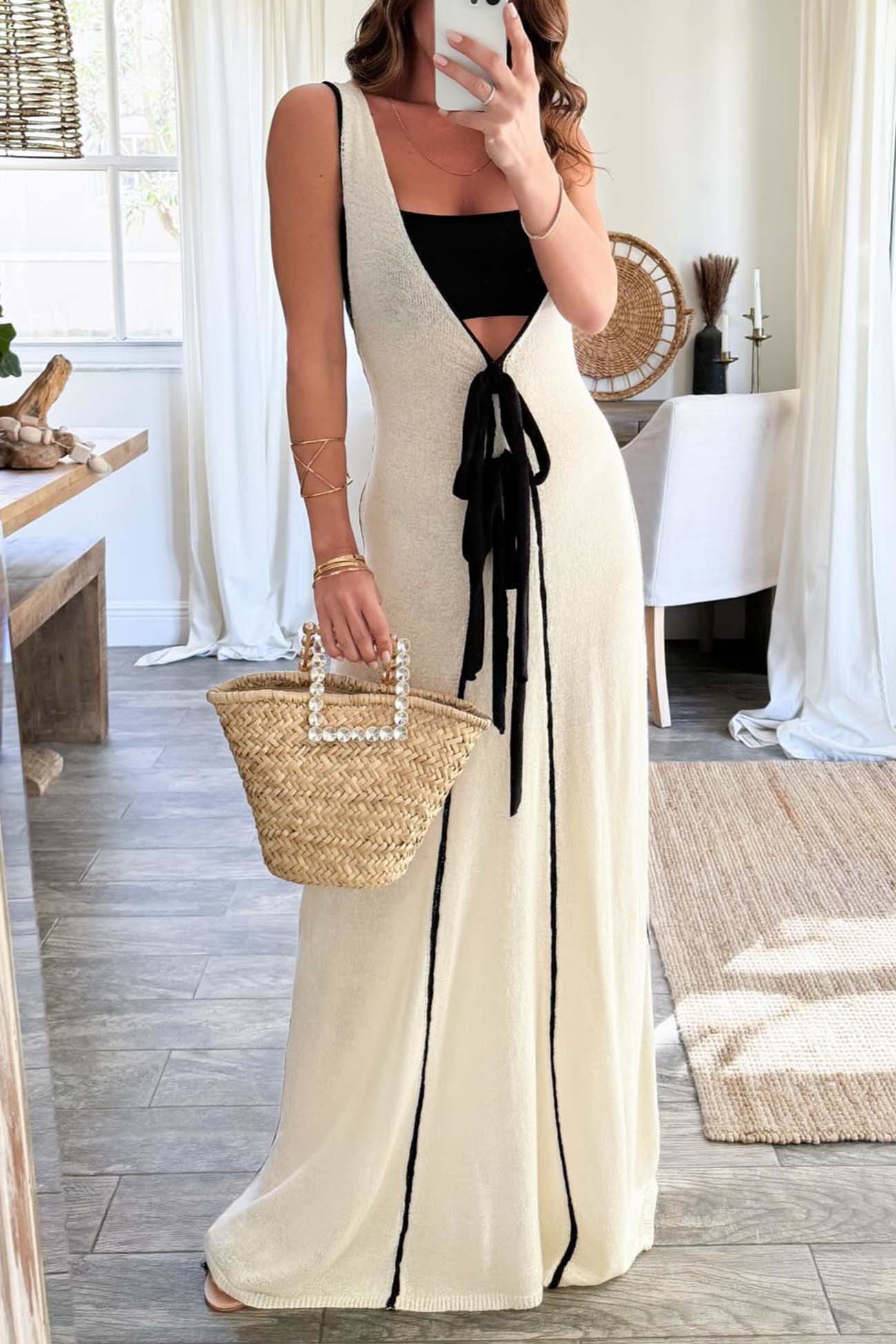 Contrast Deep V Neck Tank Dress - Fashionpara