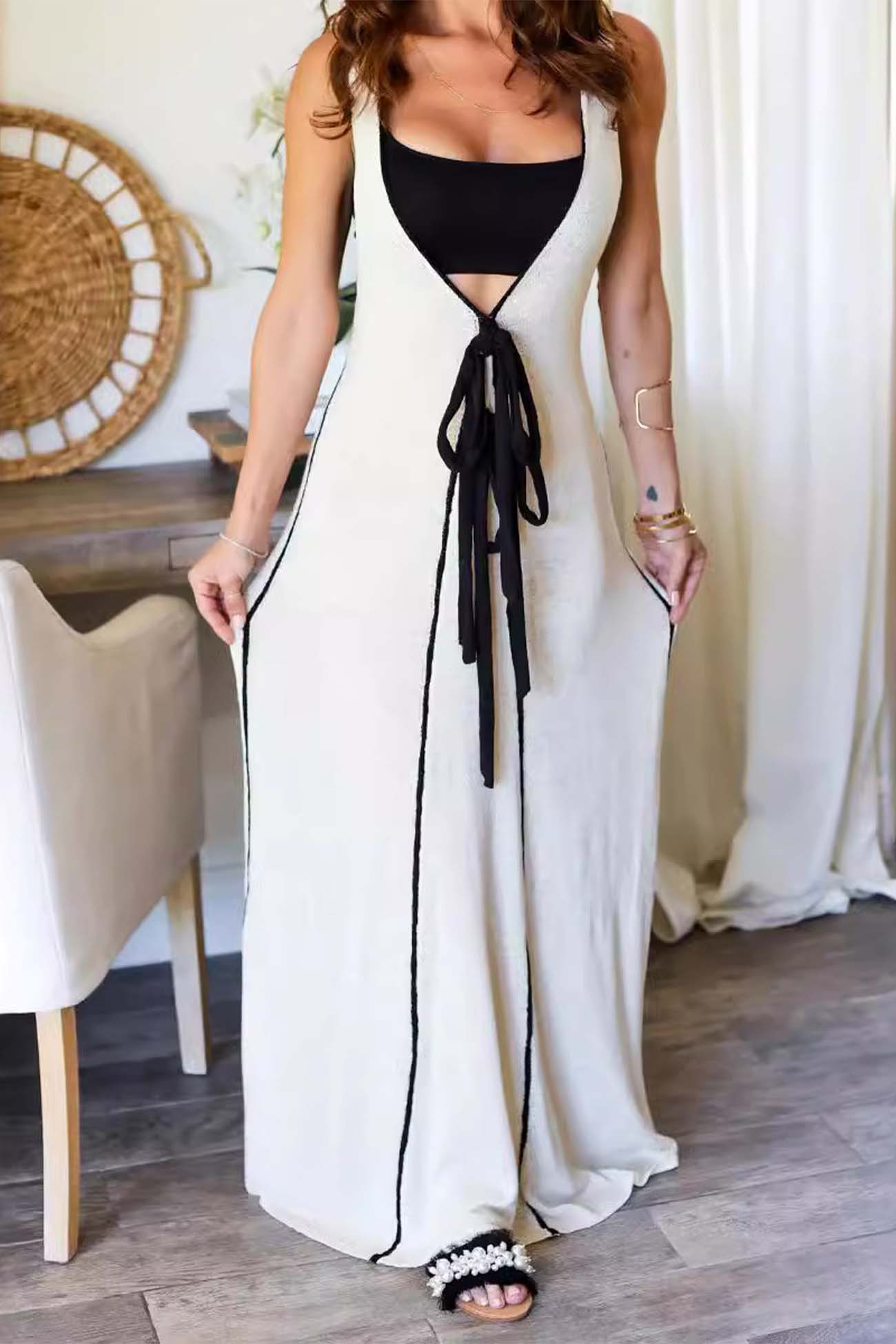 Contrast Deep V Neck Tank Dress - Fashionpara