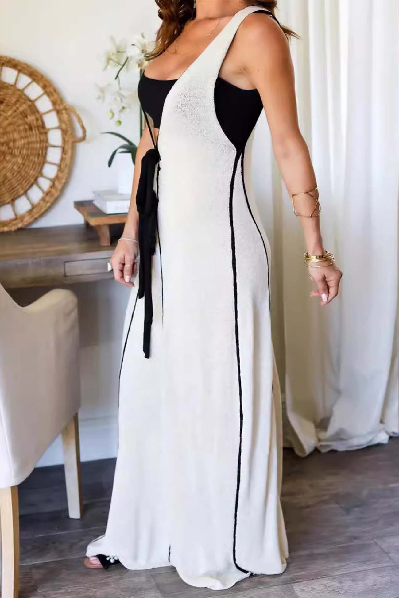 Contrast Deep V Neck Tank Dress - Fashionpara