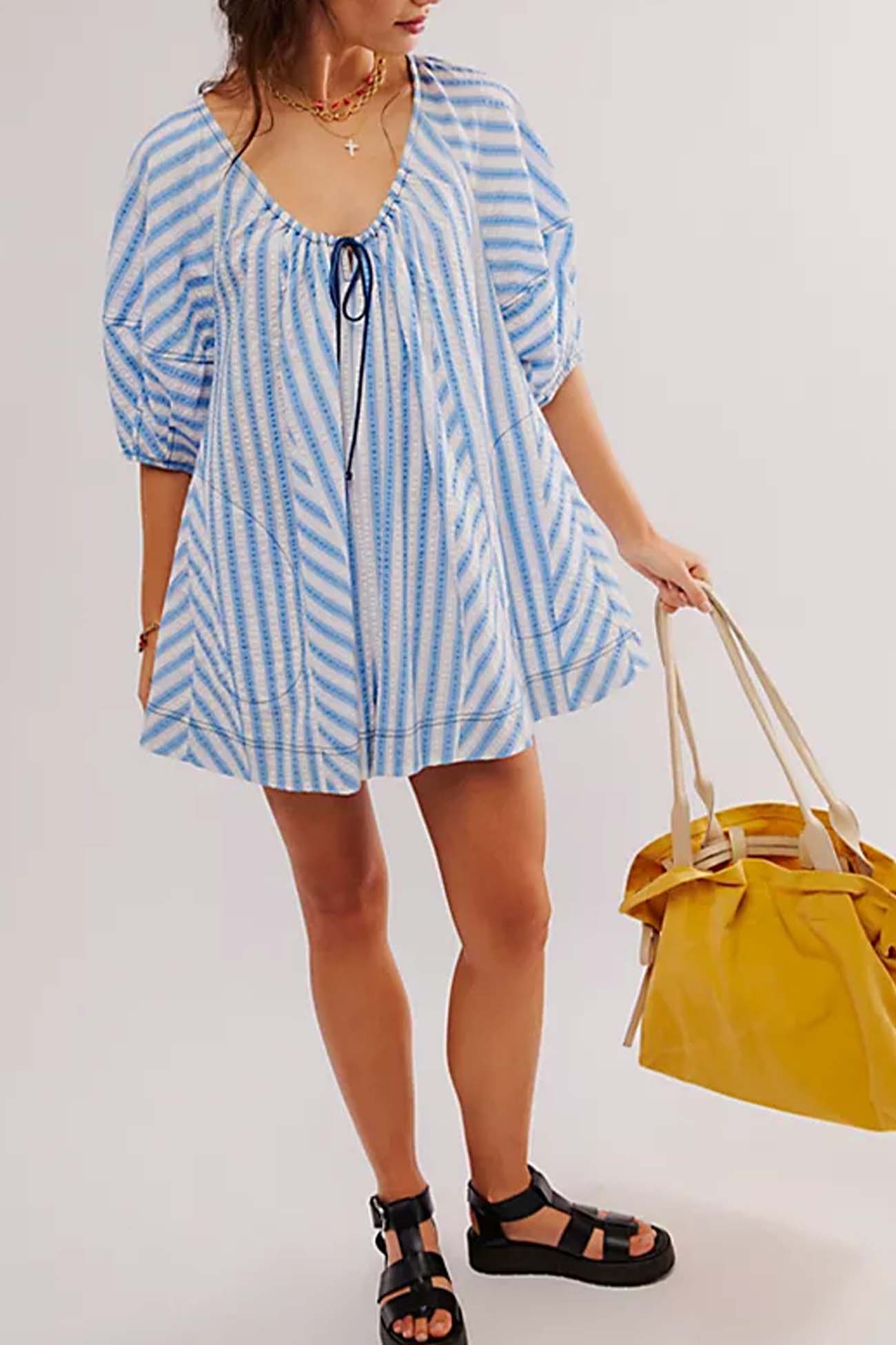 Contrast Stripe Drawstring Rompers - Fashionpara