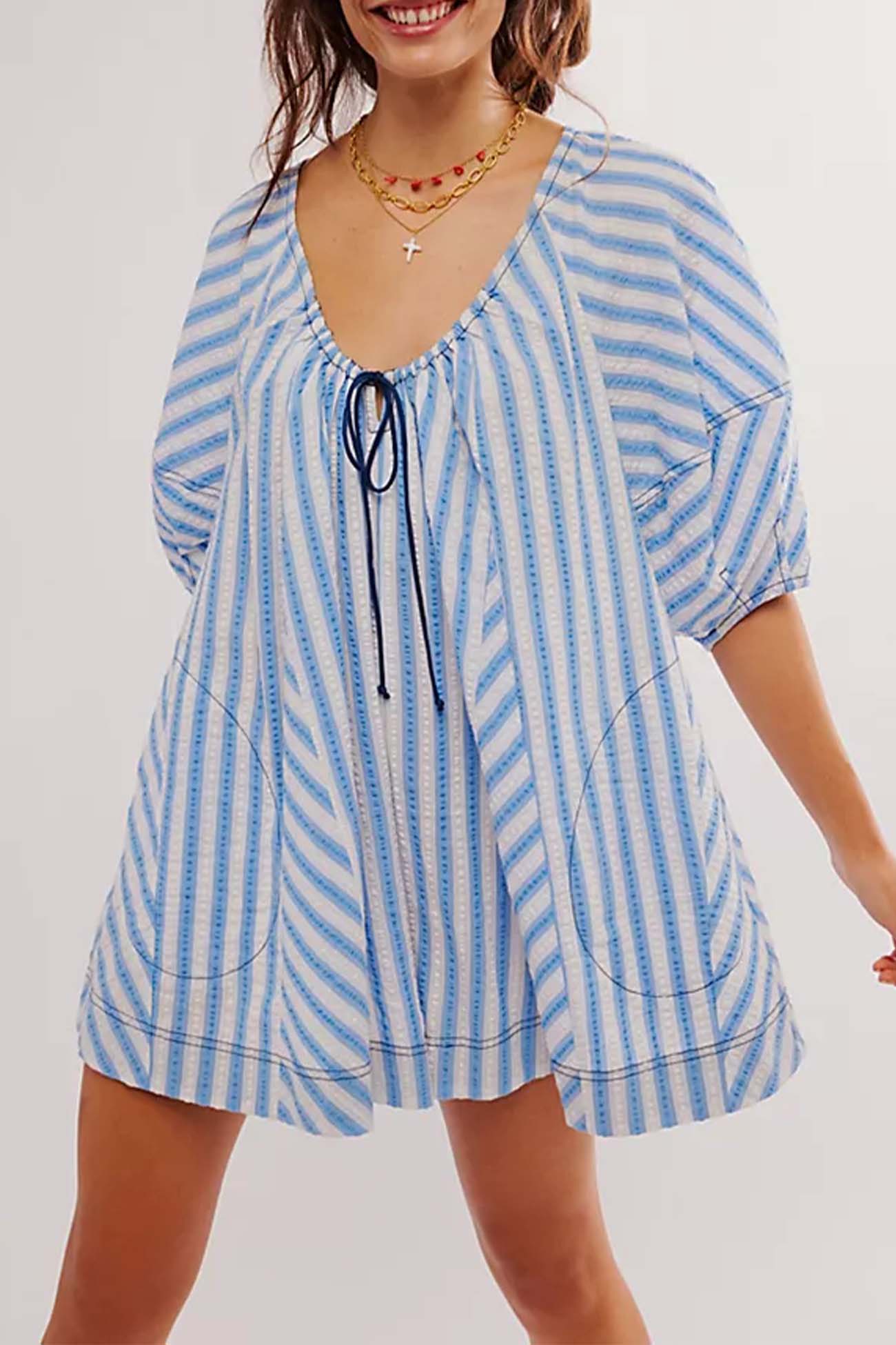 Contrast Stripe Drawstring Rompers - Fashionpara
