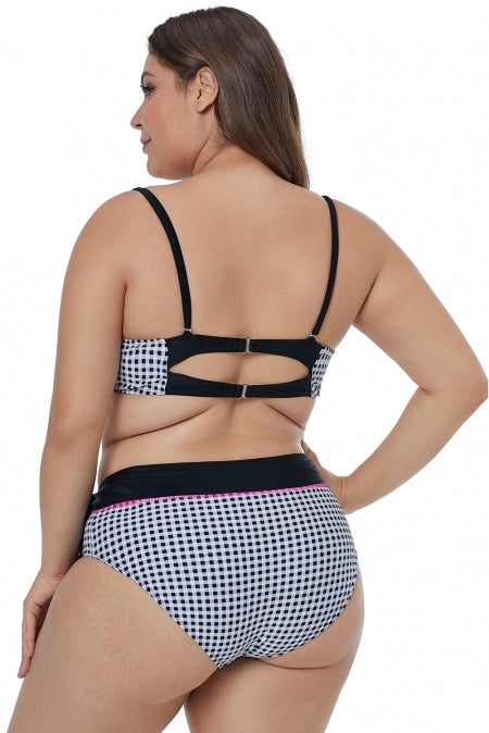 Contrast Piping Tartan Printed Pattern Plus Size Bikini Set