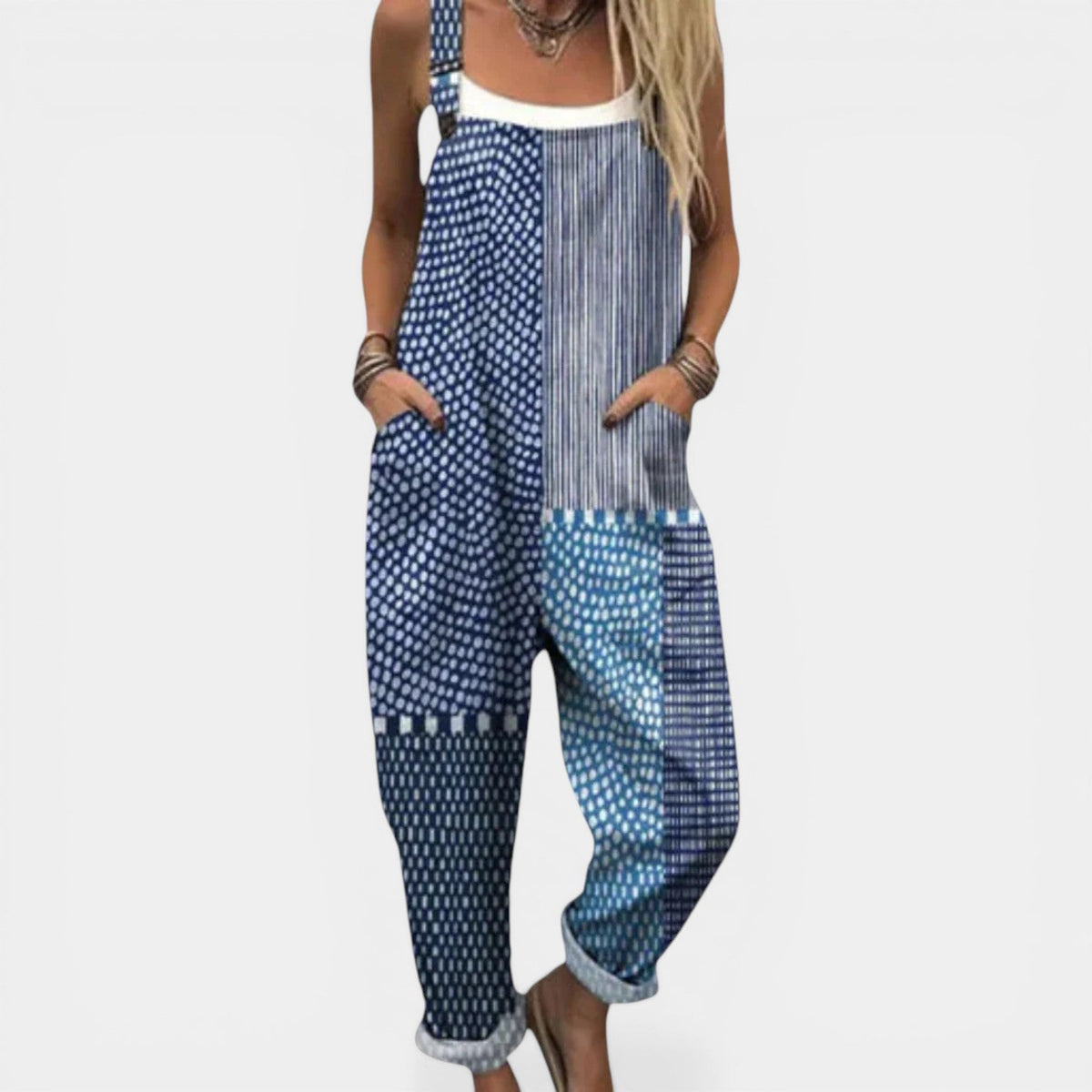 Patchwork Print Sleeveless Pocket Overall Jumpsuit