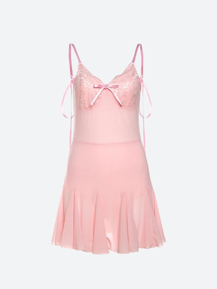 Lace-Trim Sweetheart Bow Pleated Flare Mini Dress 5