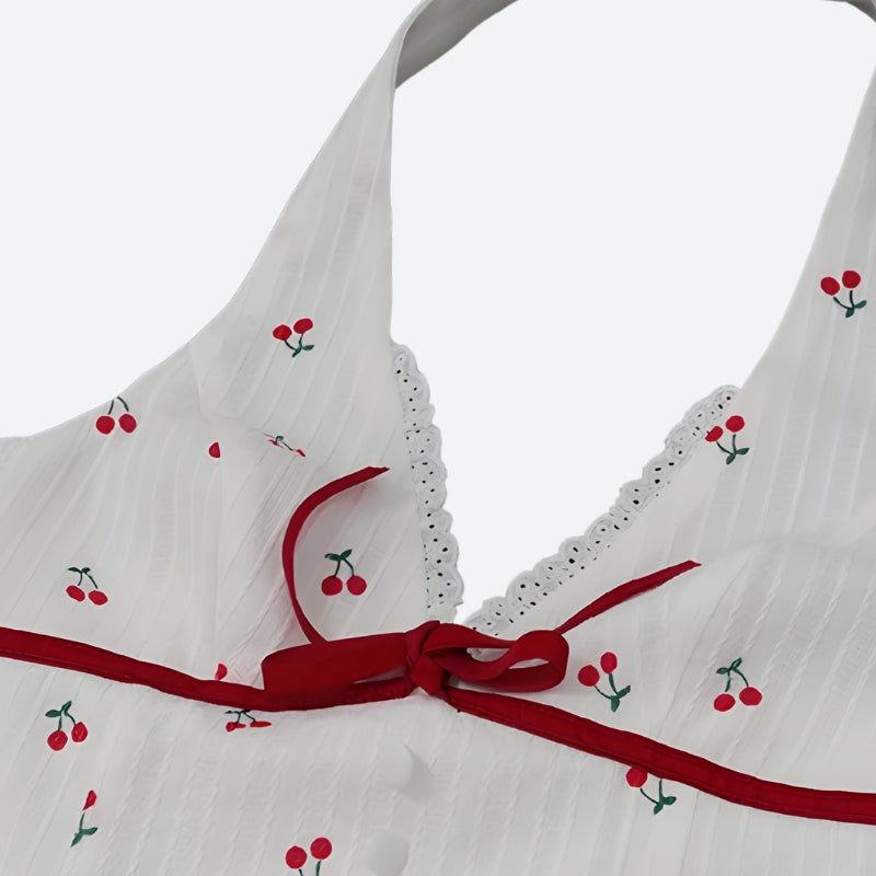 Cherry Print Halter Neck Button-Front Mini Dress 5