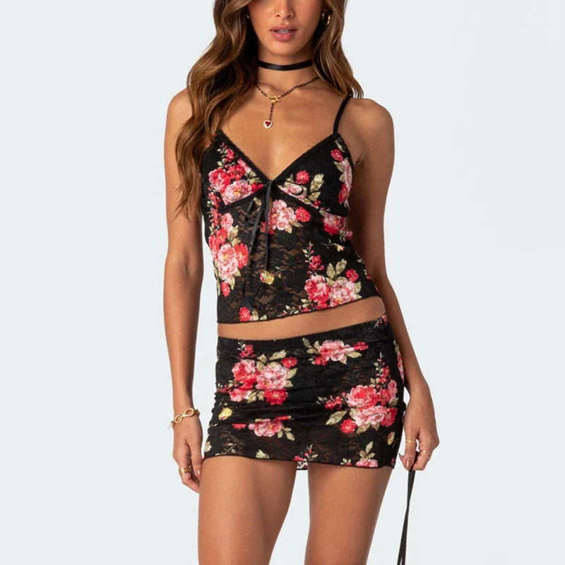 Floral Lace V Neck Spaghetti Strap Crop Top Mini Pencil Skirt Two Pieces Set
