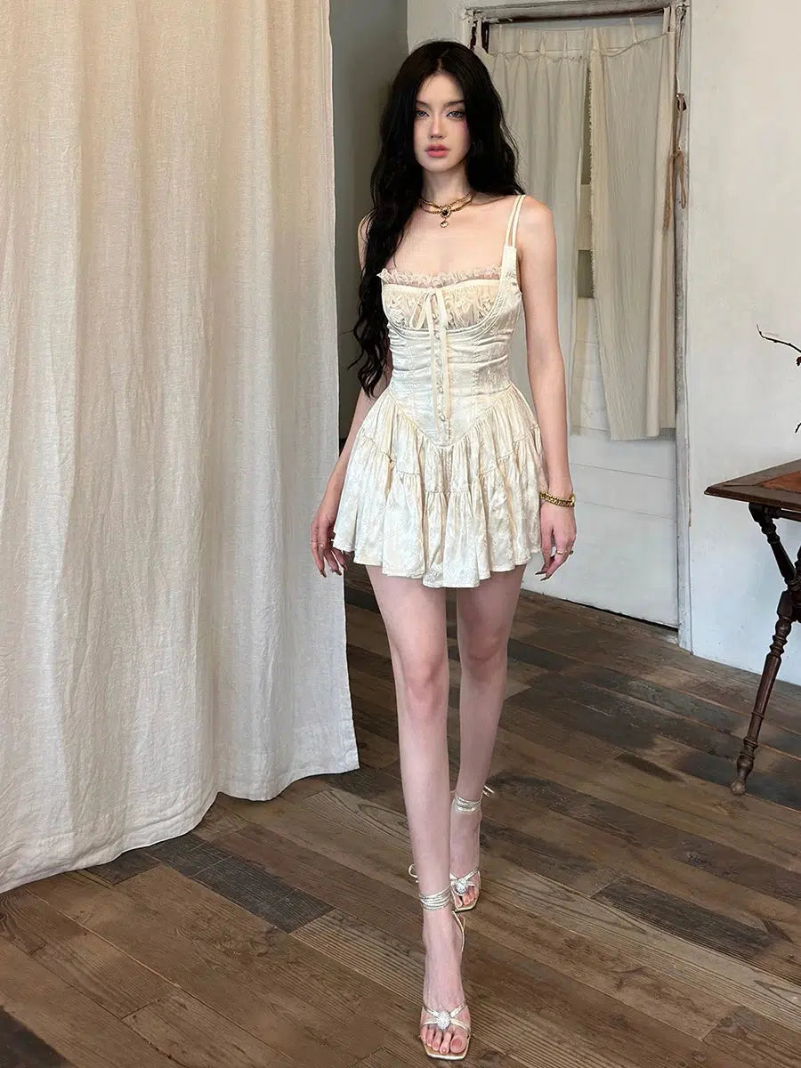 Satin Spaghetti Strap Lace Trim Tie Front Mini Dress - View 2