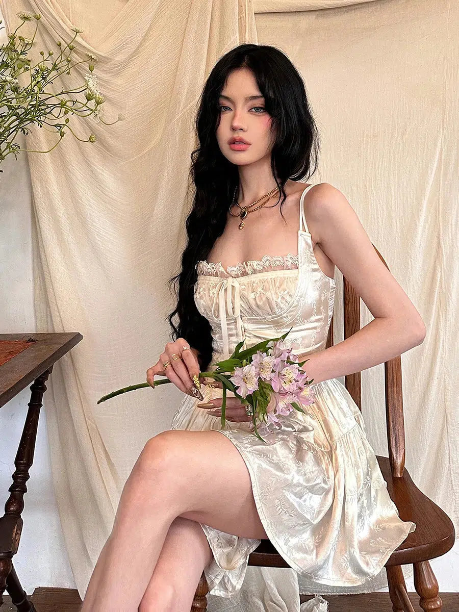 Satin Spaghetti Strap Lace Trim Tie Front Mini Dress