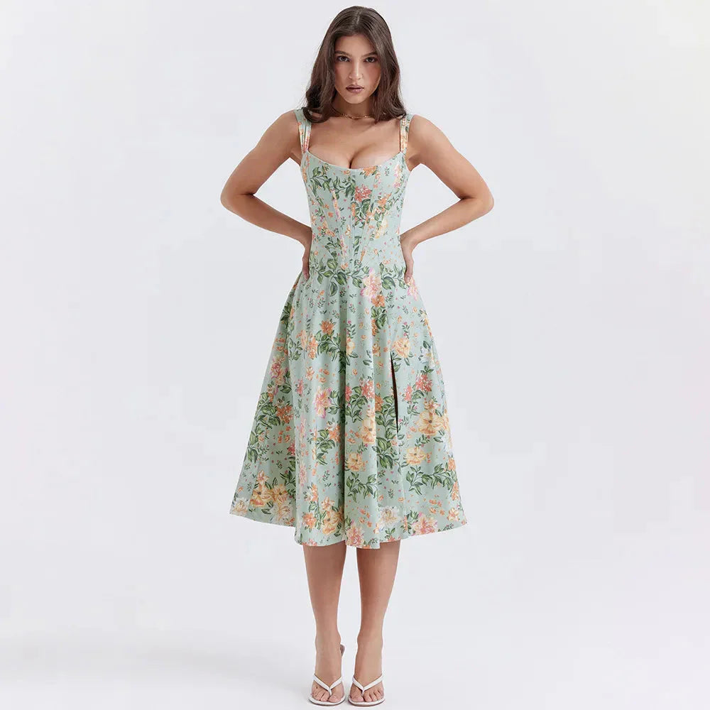 Cottagecore Floral Corset Midi Dress - Fashionpara