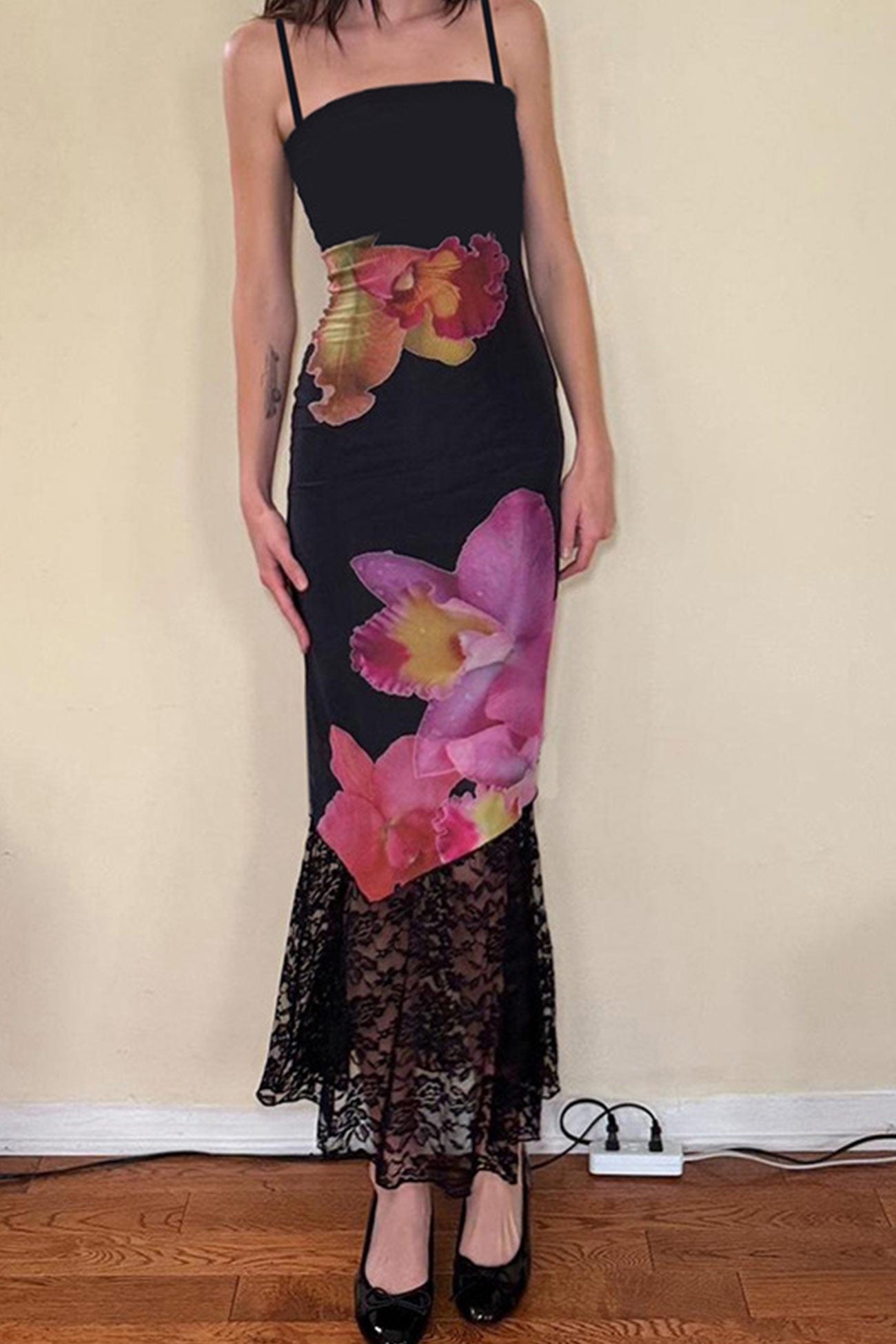 Cotton Floral Print Lace Hem Fishtail Dress