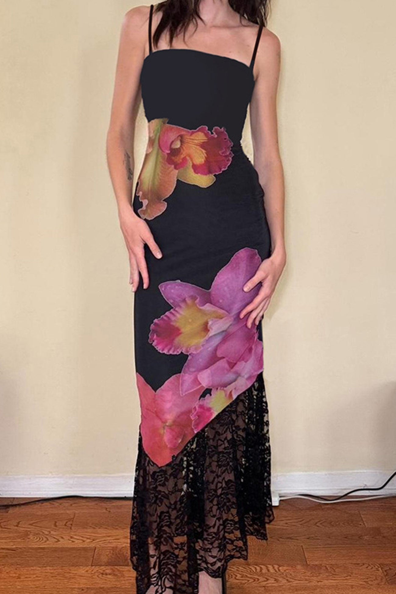 Cotton Floral Print Lace Hem Fishtail Dress