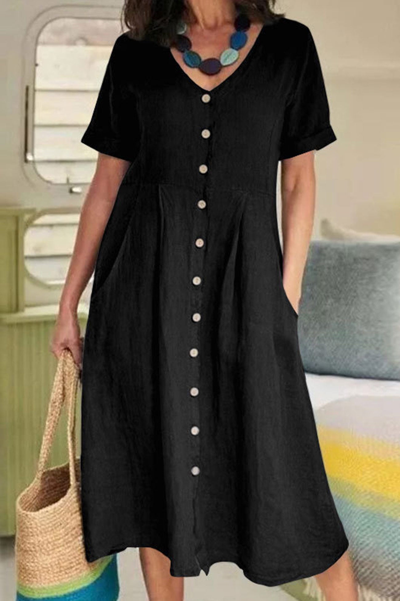 Cotton Linen Button-down Midi Dress