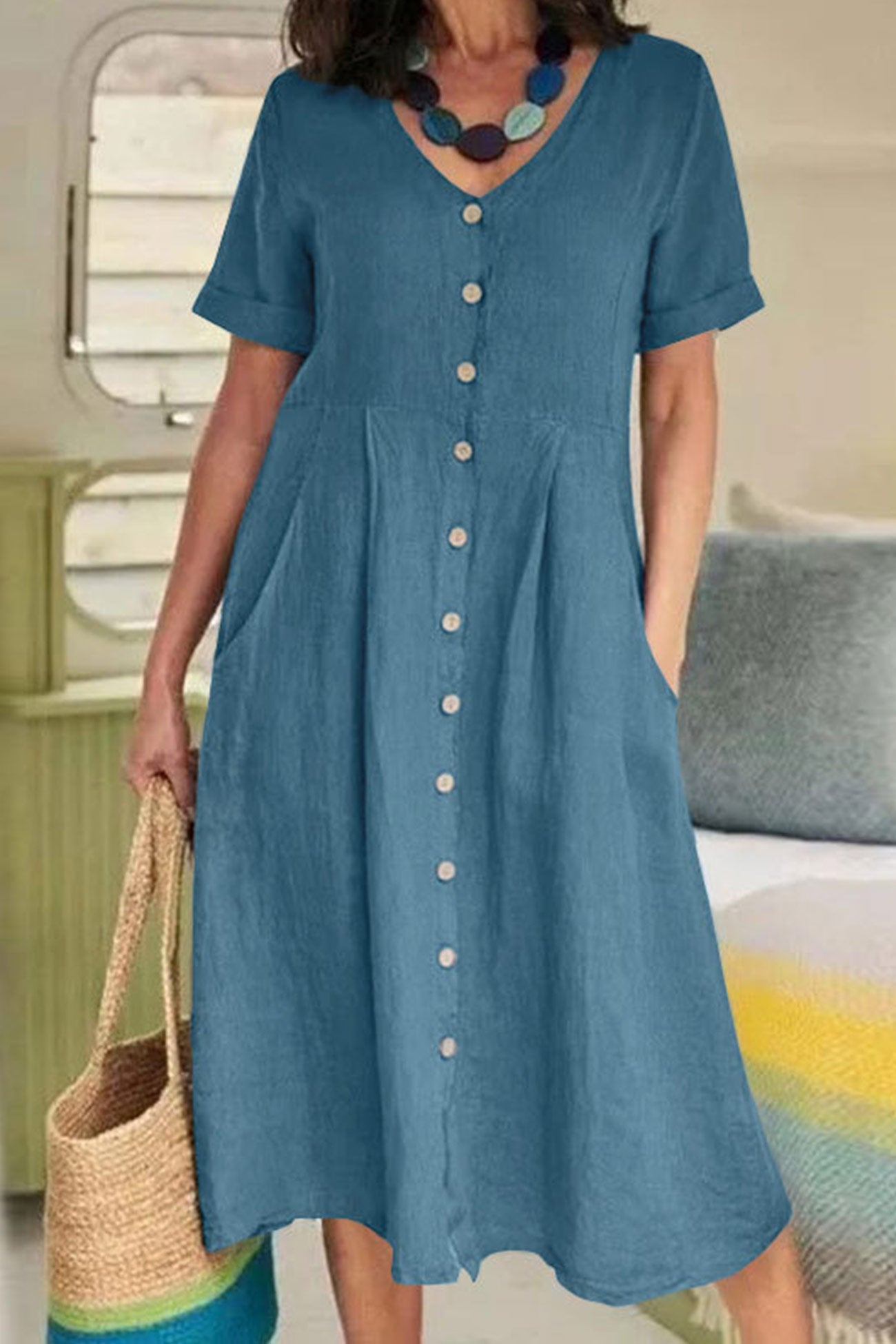 Cotton Linen Button-down Midi Dress