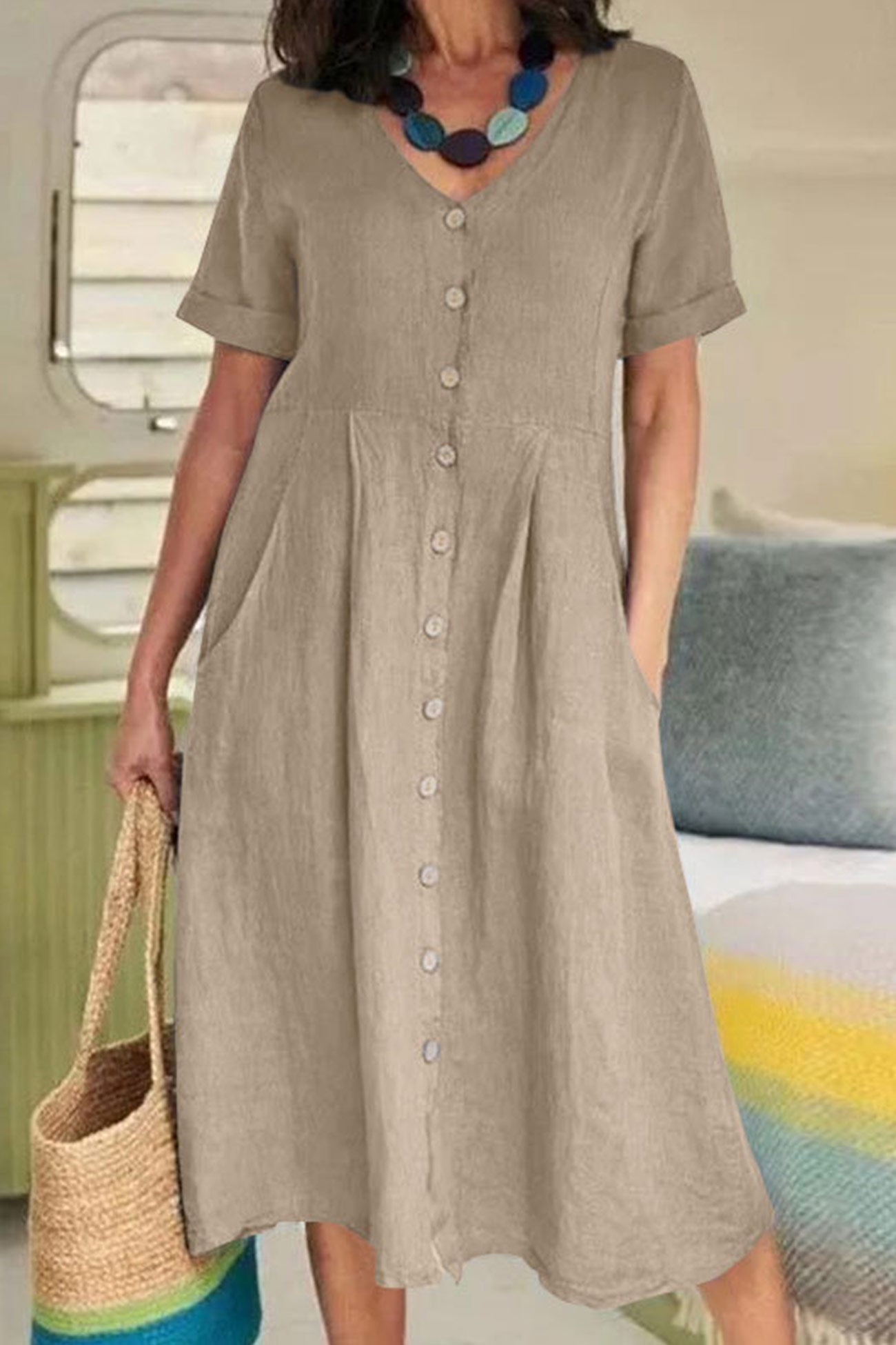 Cotton Linen Button-down Midi Dress