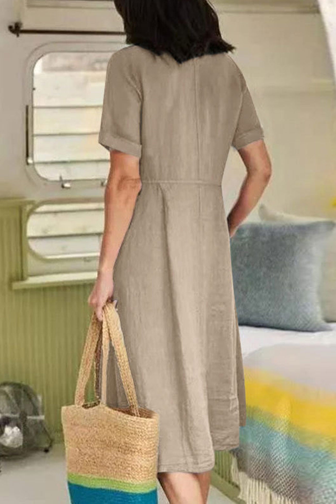 Cotton Linen Button-down Midi Dress