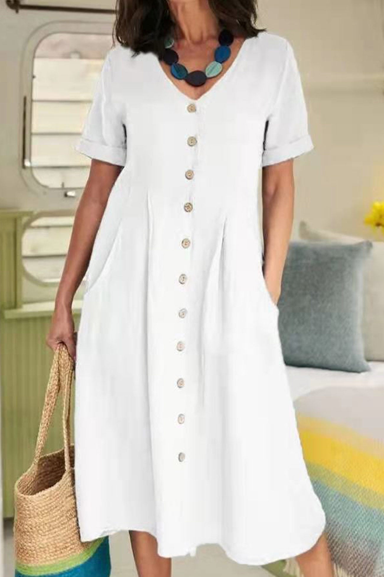 Cotton Linen Button-down Midi Dress