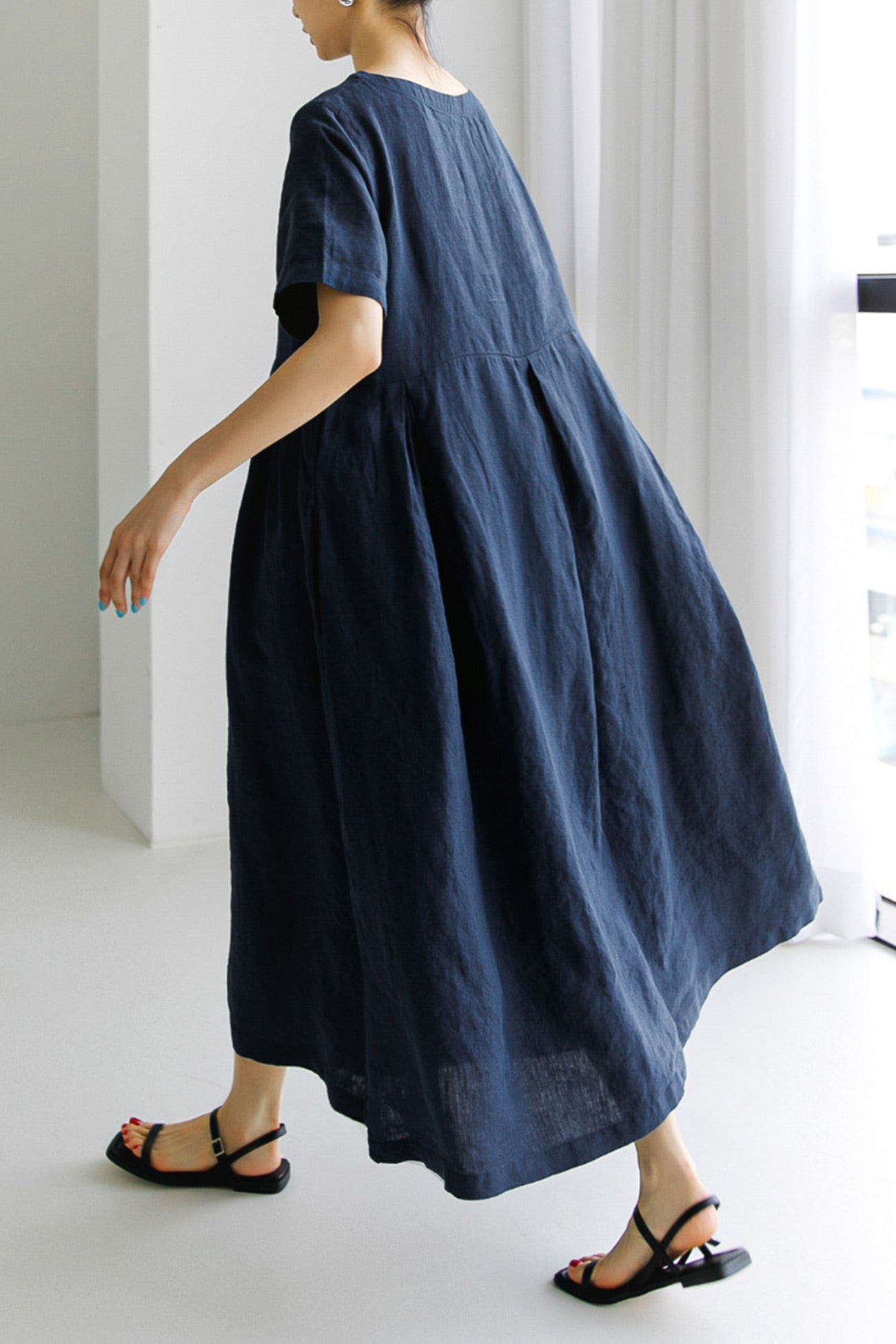 Cotton Linen Crew Neck Loose Midi Dress