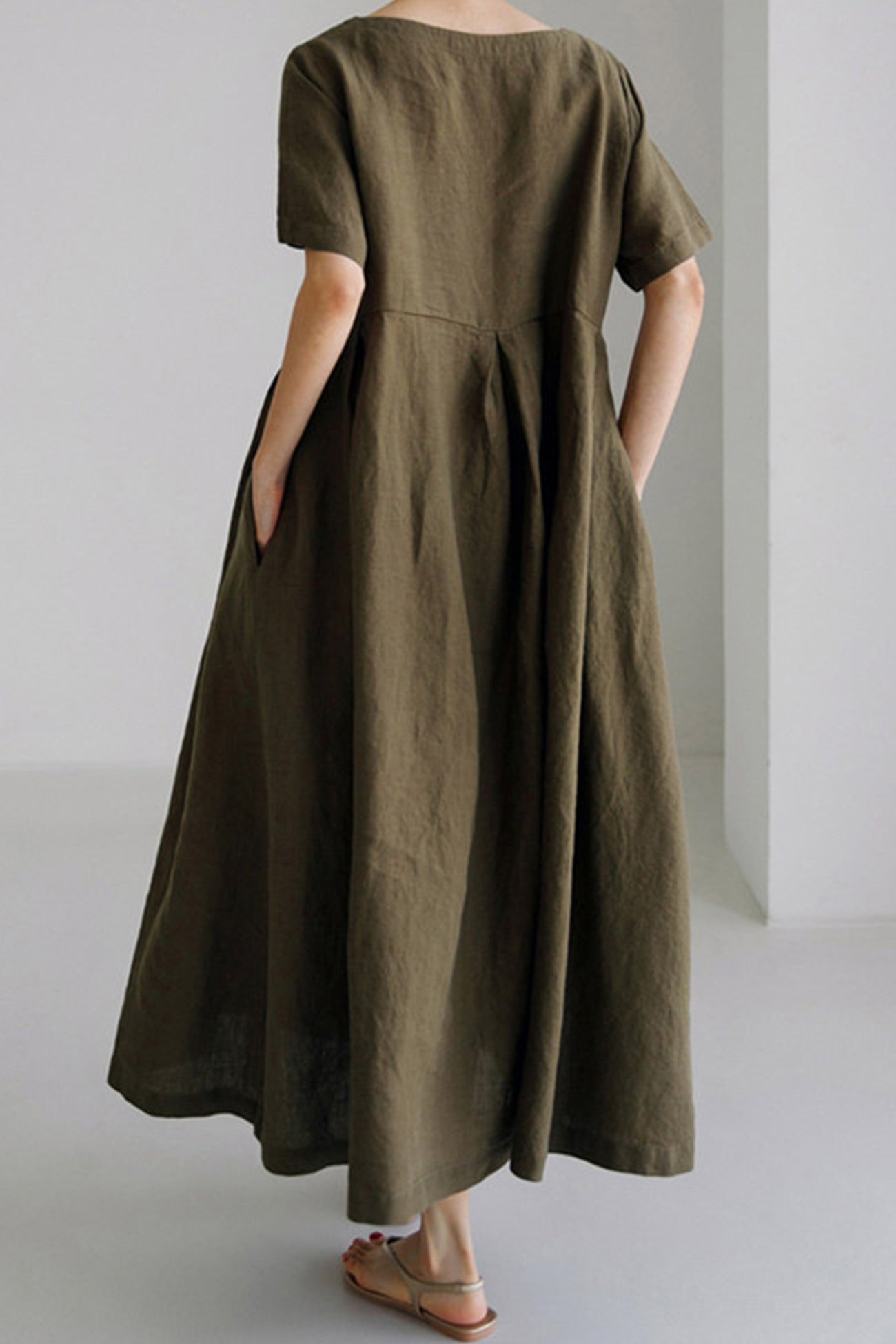 Cotton Linen Crew Neck Loose Midi Dress