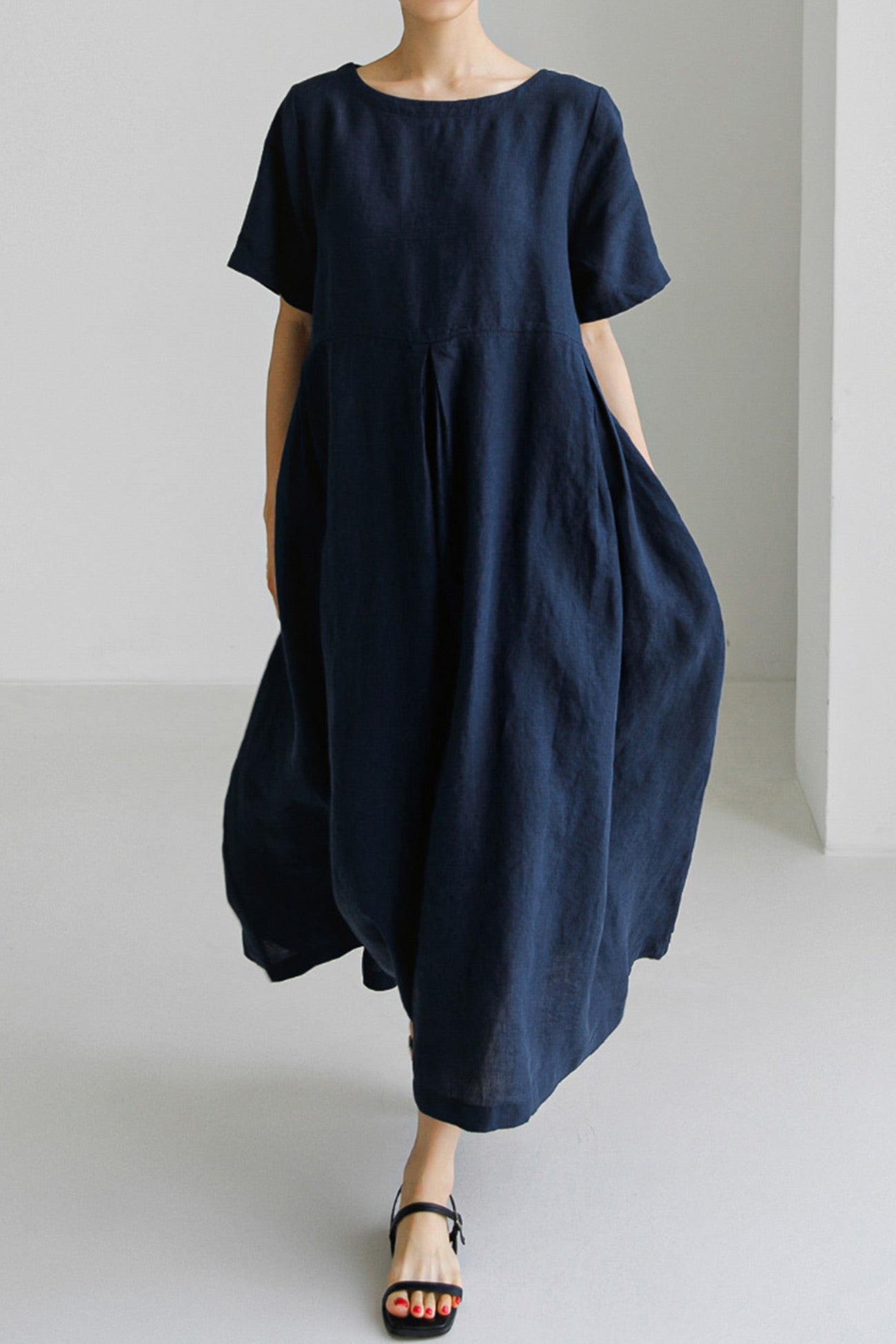 Cotton Linen Crew Neck Loose Midi Dress
