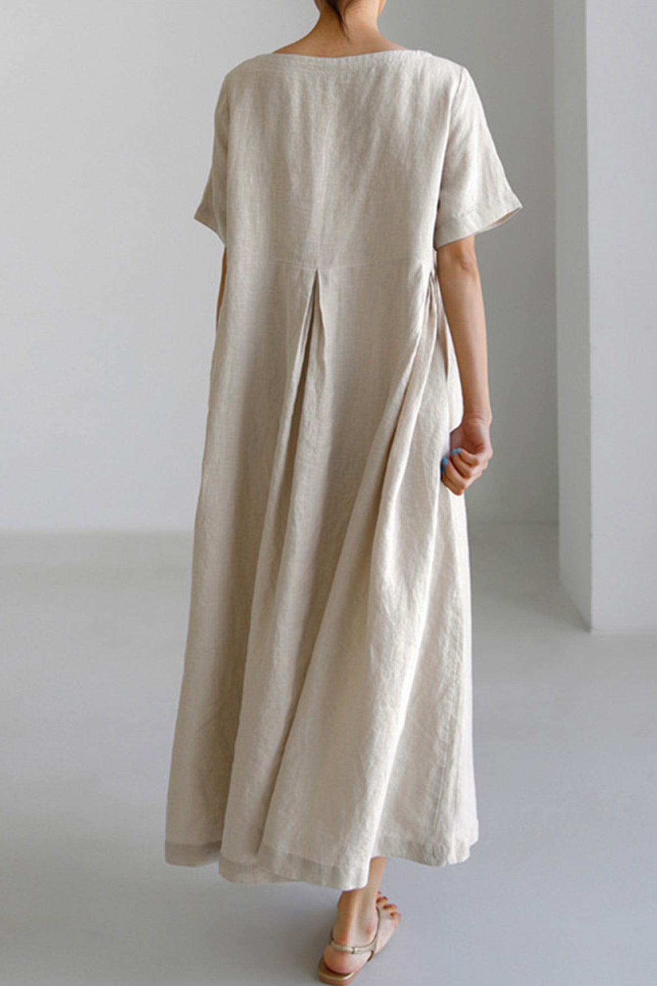 Cotton Linen Crew Neck Loose Midi Dress