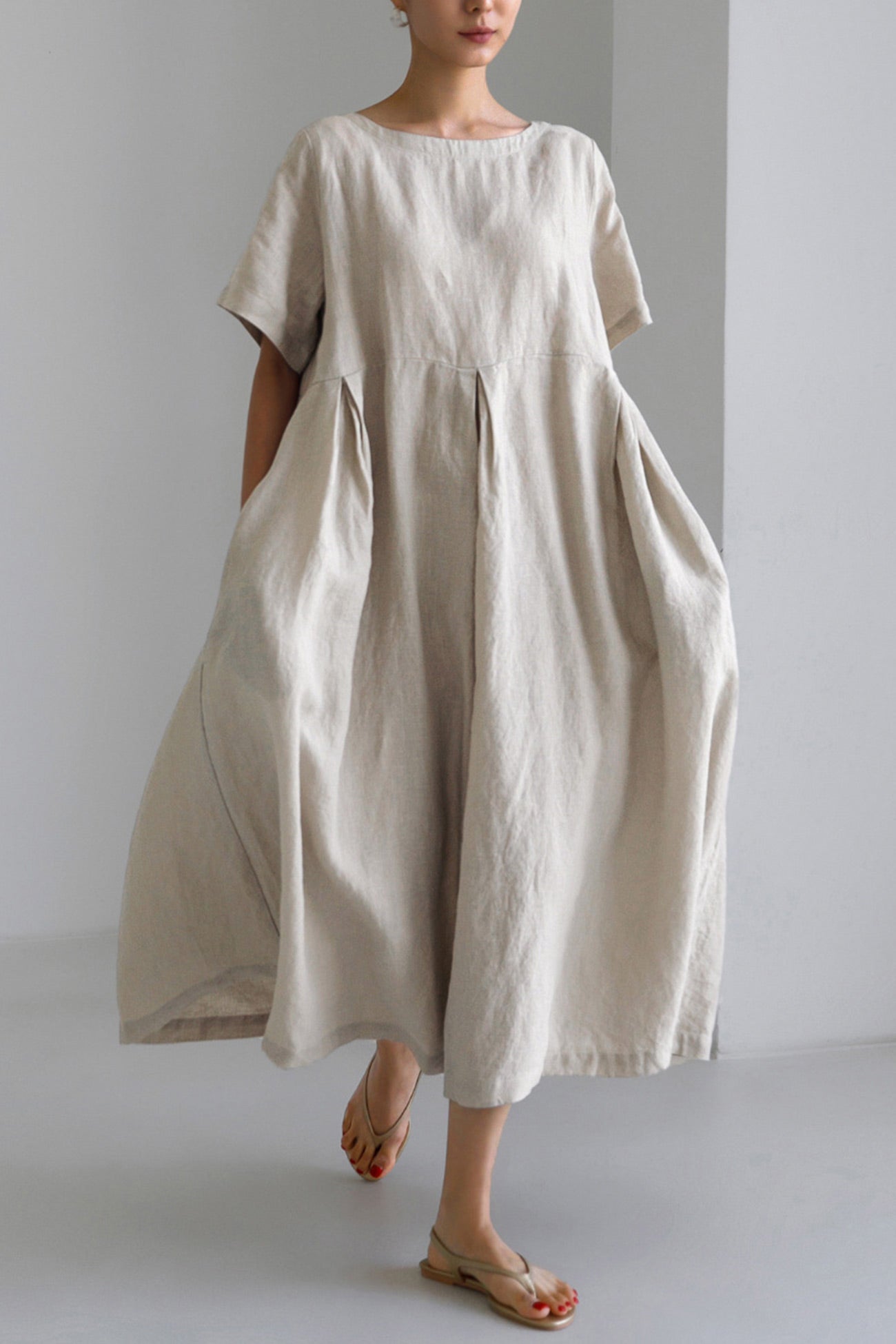Cotton Linen Crew Neck Loose Midi Dress
