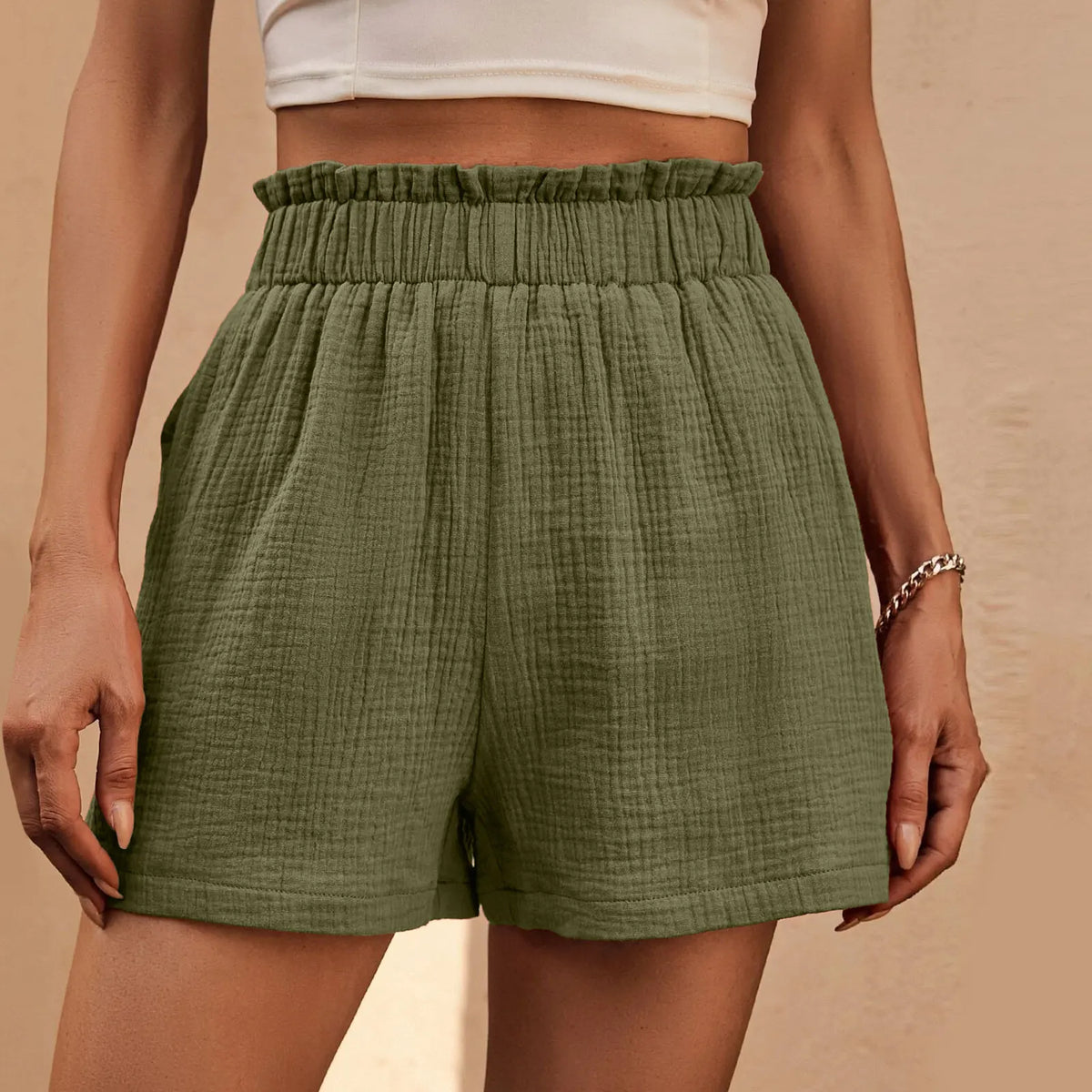 Cotton Double Layered Pleats Hem Straight Leg High Waist Sports Short Green / S