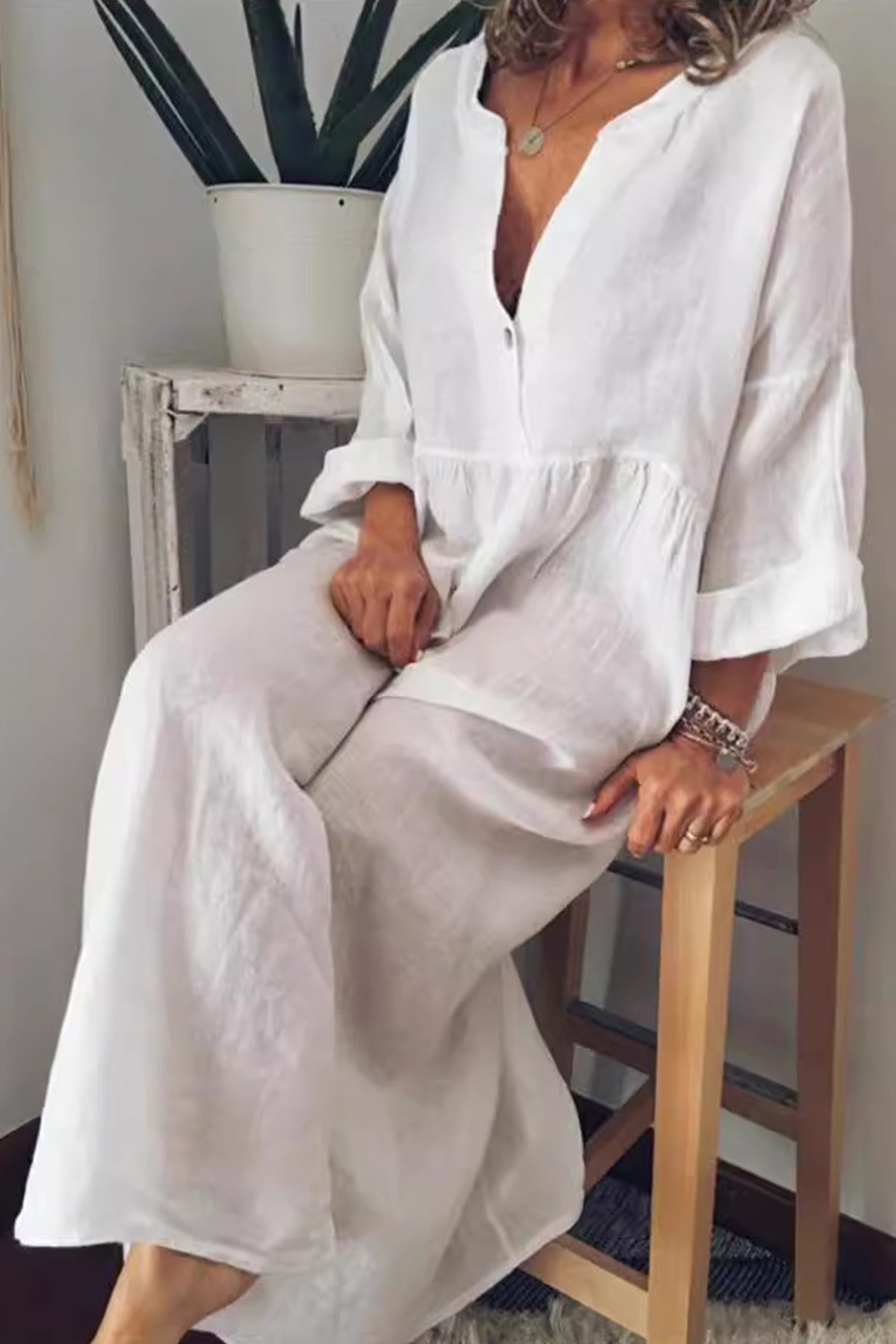 Cotton Linen V Neck Large Hem Dress - Fashionpara