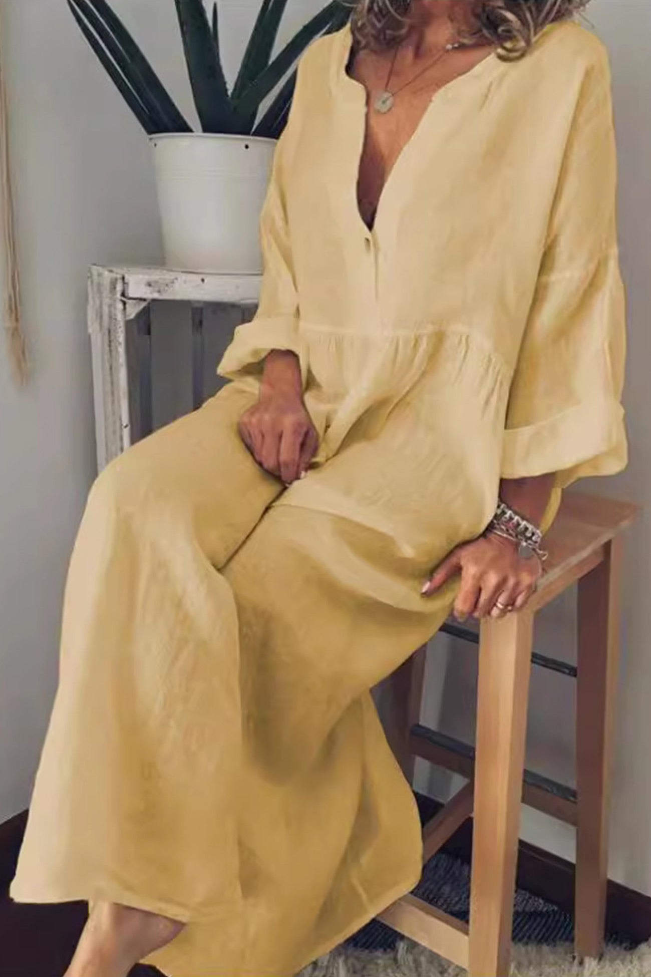 Cotton Linen V Neck Large Hem Dress - Fashionpara