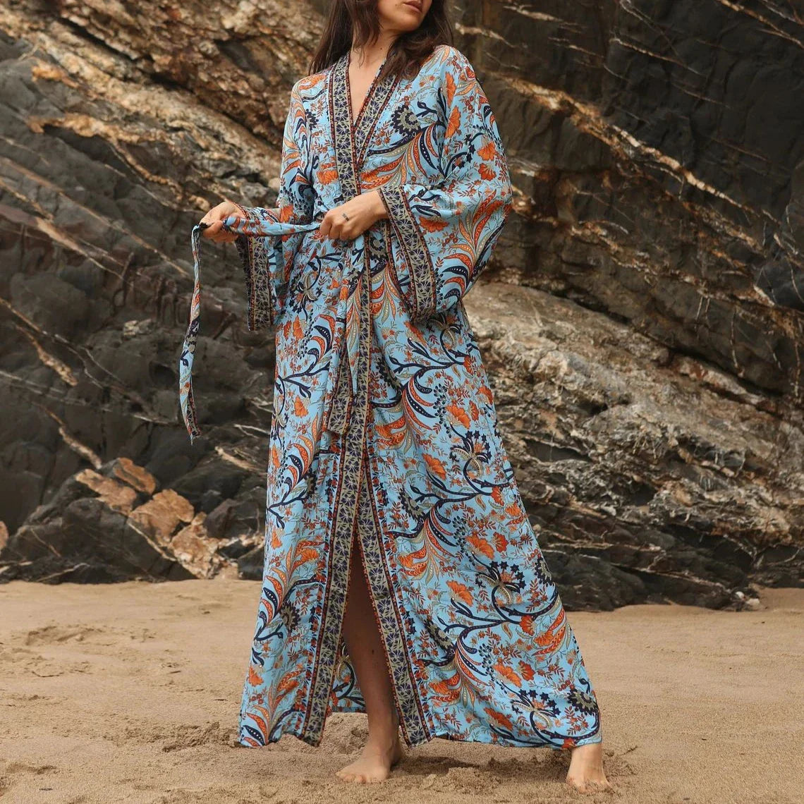 Cotton Rayon Kimono Boho Beach Cover up Loose Dress - Fashionpara