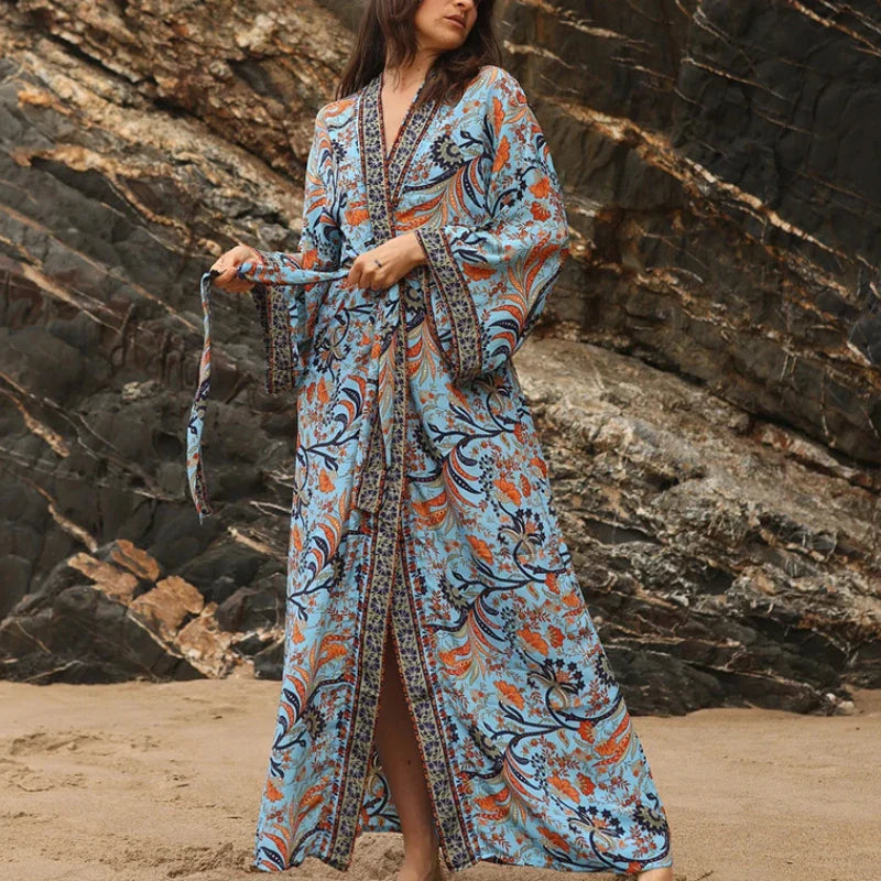 Cotton Rayon Kimono Boho Beach Cover up Loose Dress - Fashionpara