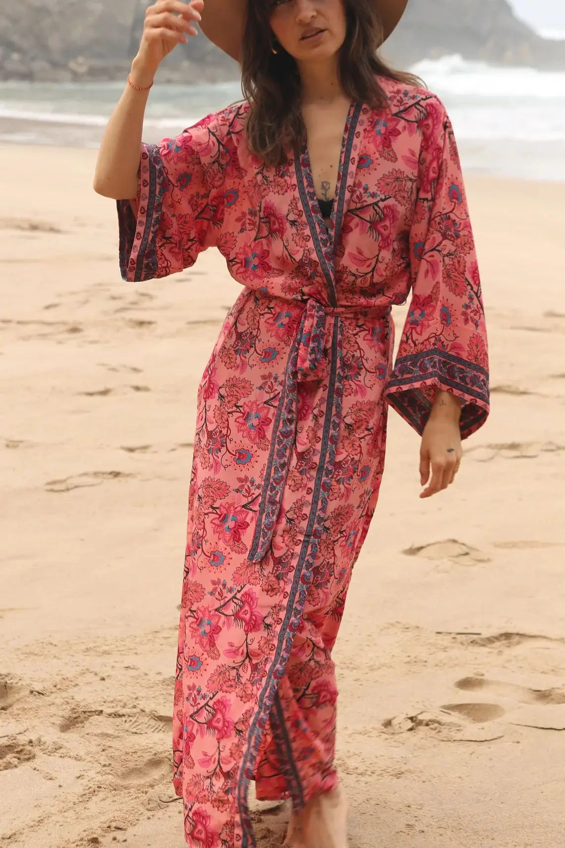 Cotton Rayon Kimono Boho Beach Cover up Loose Dress - Fashionpara
