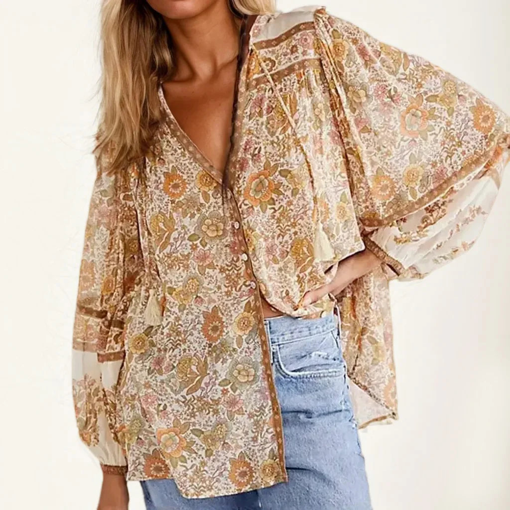 Cotton Rayon Floral Printed Long Sleeve V-Neck Boho Blouse