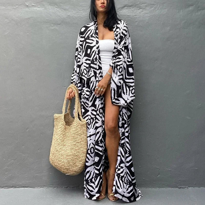 Cotton Rayon Printed Self Belted Maxi Boho Cover up