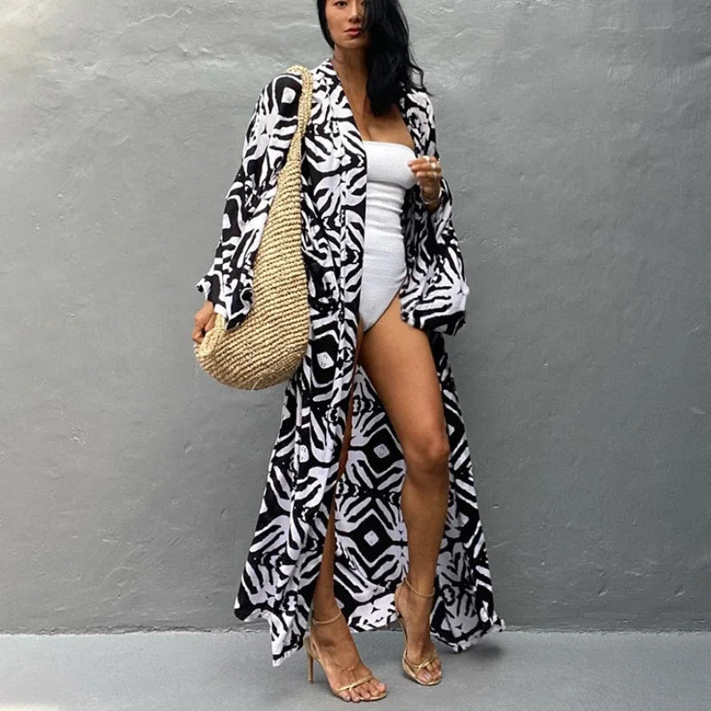 Cotton Rayon Printed Self Belted Maxi Boho Cover up