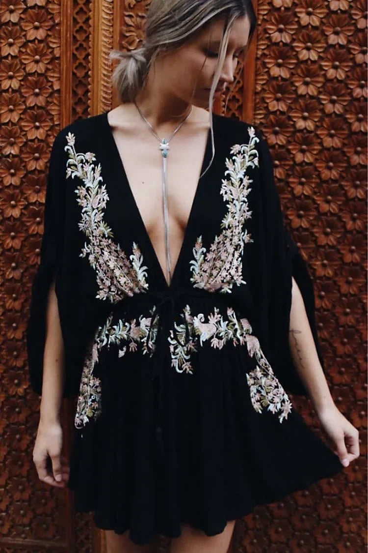 Embroidered Plunge V-Neck Kimono Sleeve Mini Dress