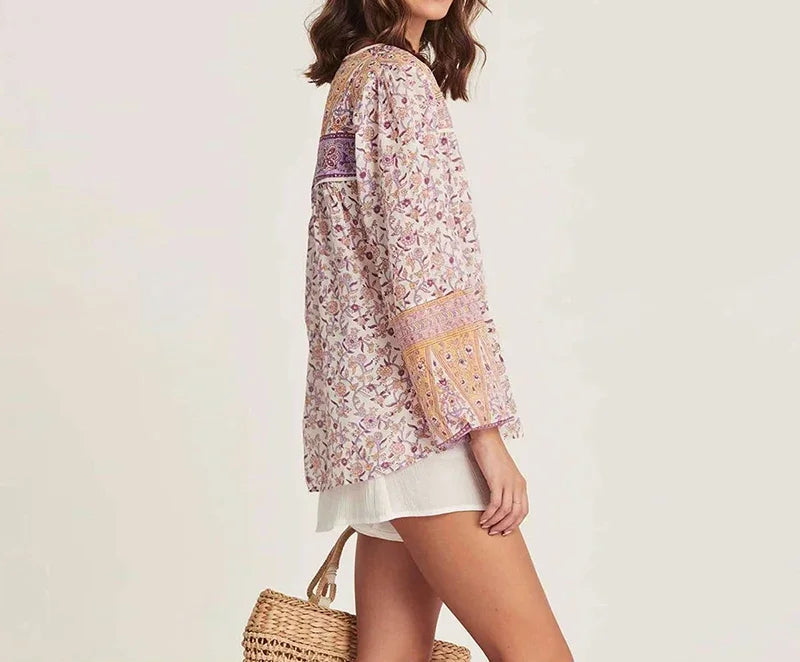Pink Floral Printed Loose Long Sleeve Boho Blouse