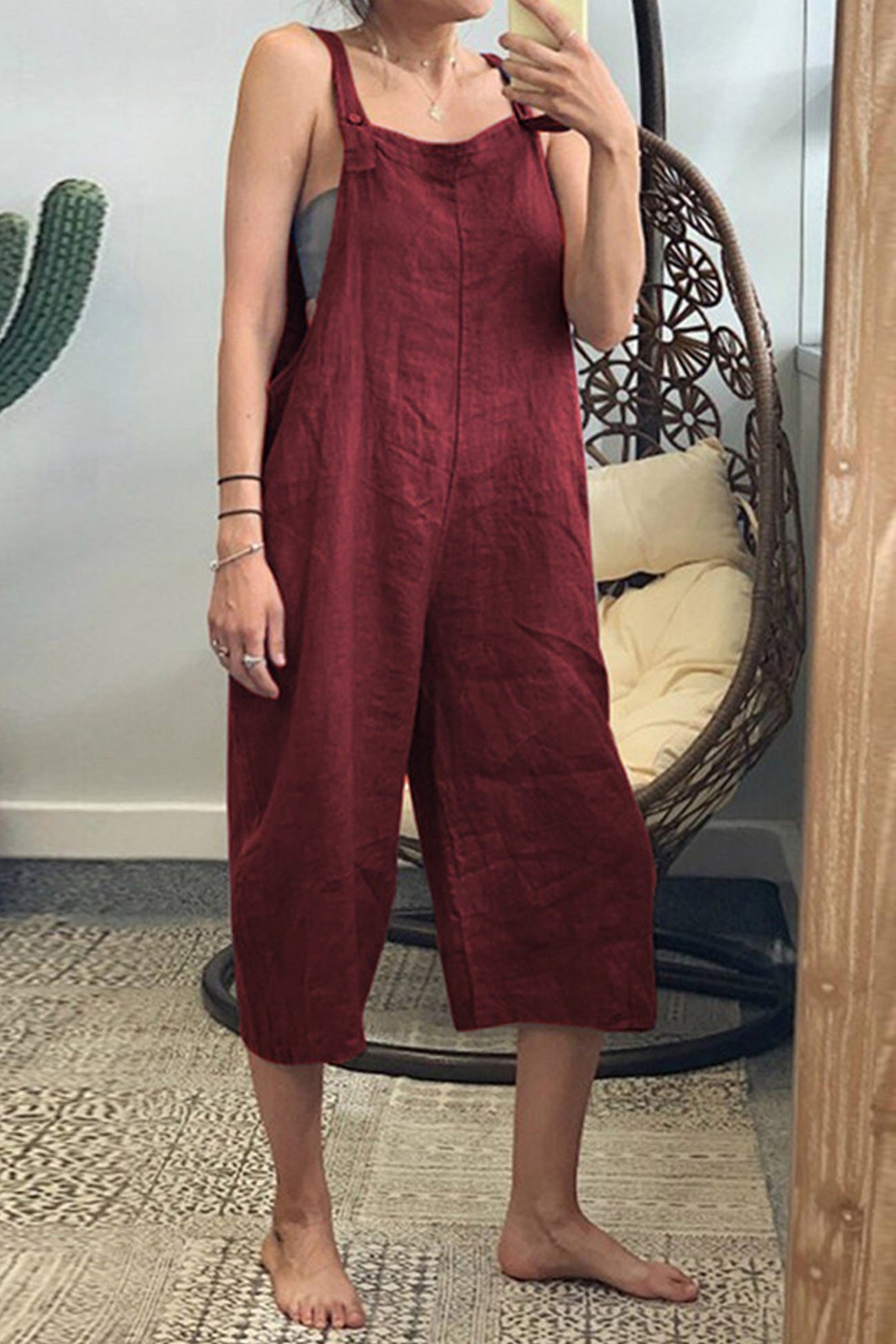 Cotton Solid Cropped Pants Jumpsuits