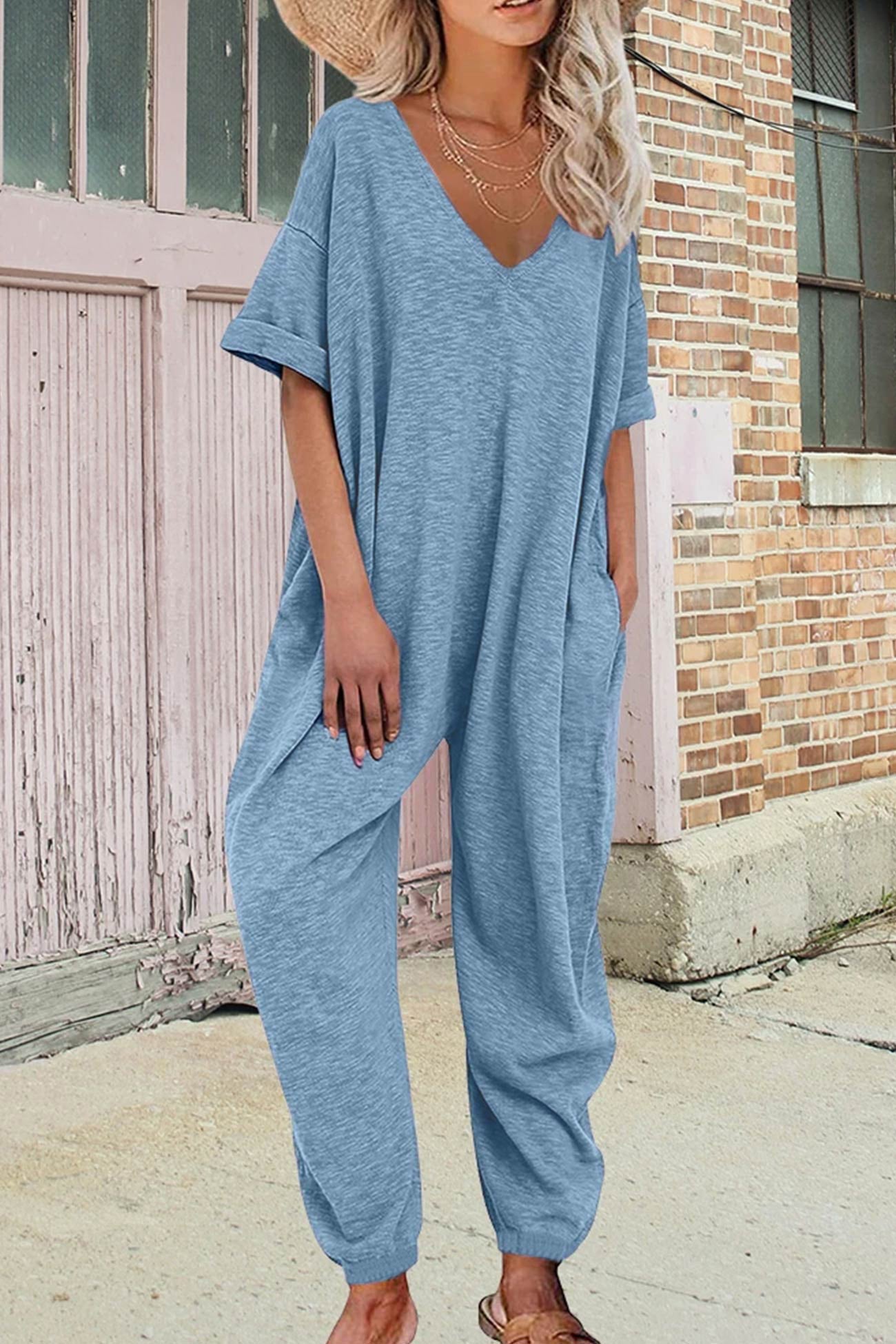 Cotton Solid V Neck Loose Jumpsuits - Fashionpara