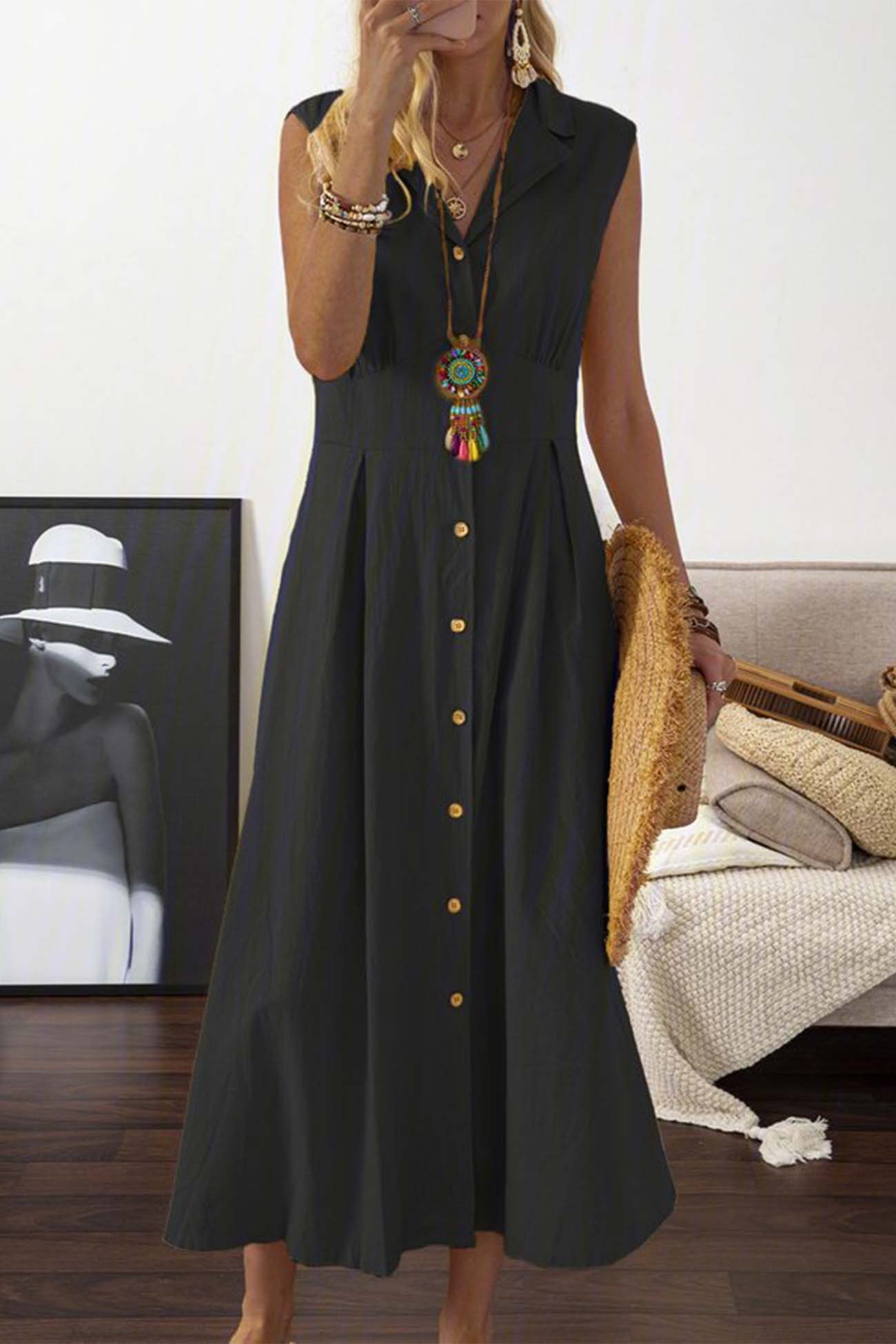 Lapel Button Down Sleeveless Midi Dress