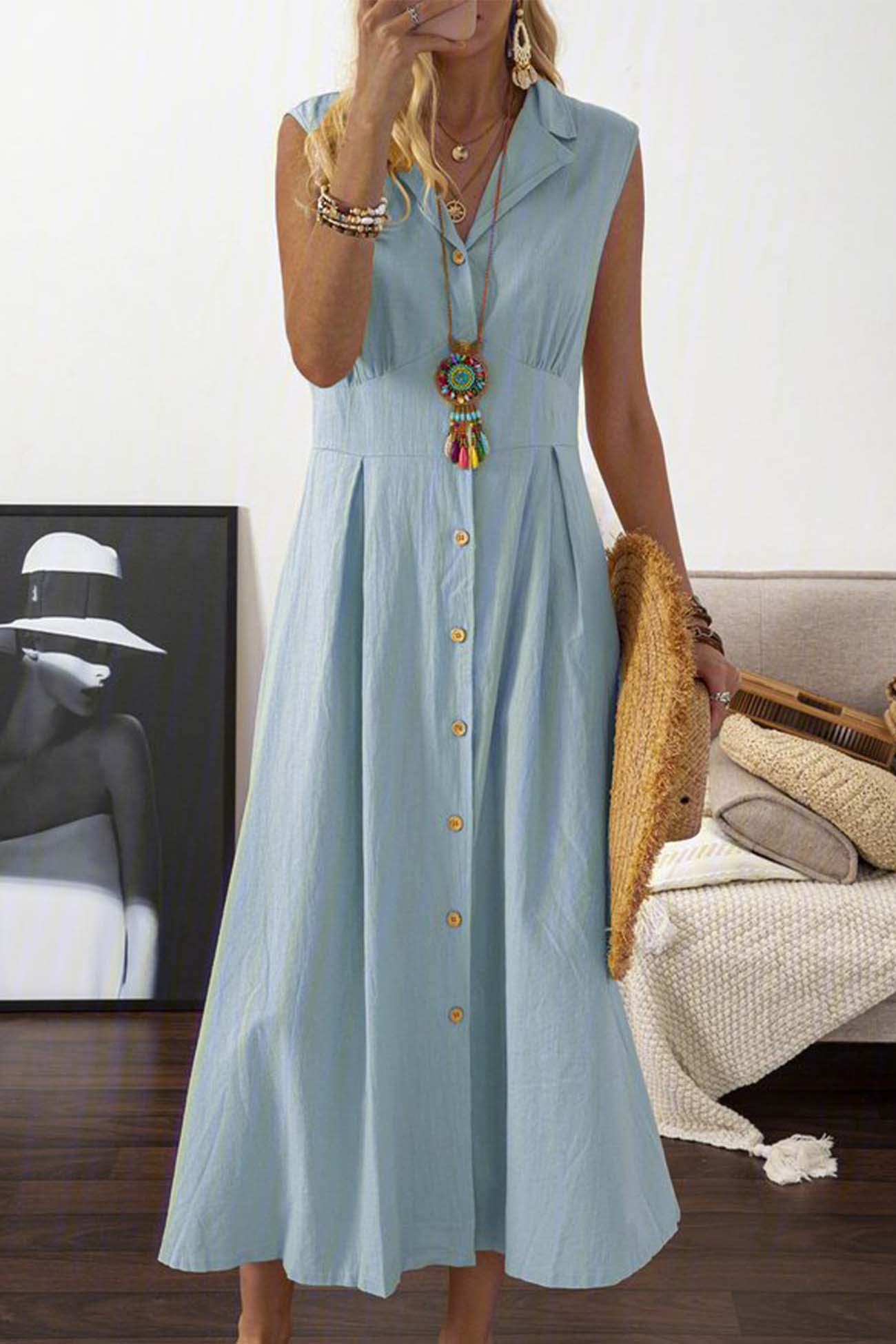 Lapel Button Down Sleeveless Midi Dress