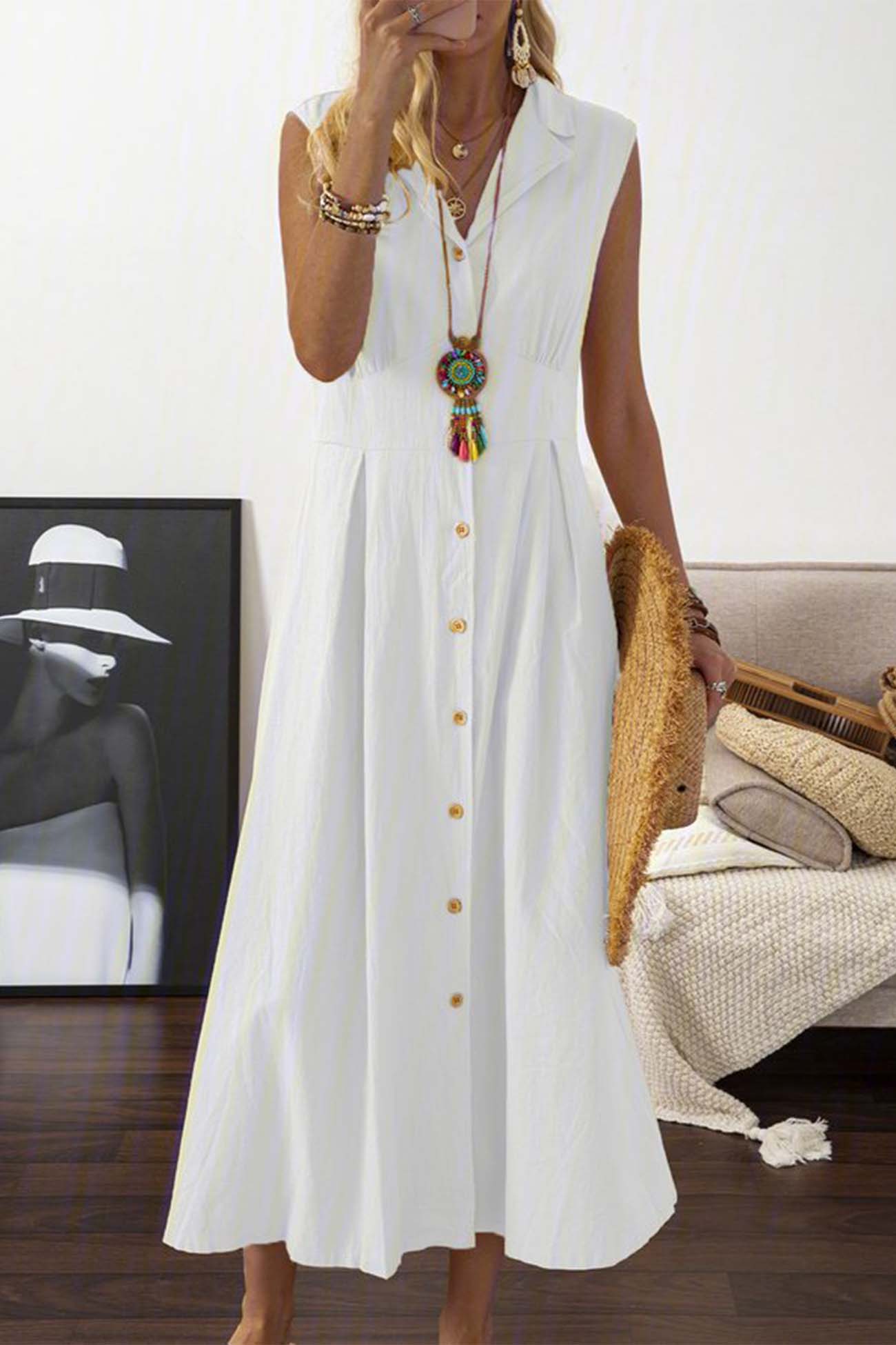 Lapel Button Down Sleeveless Midi Dress