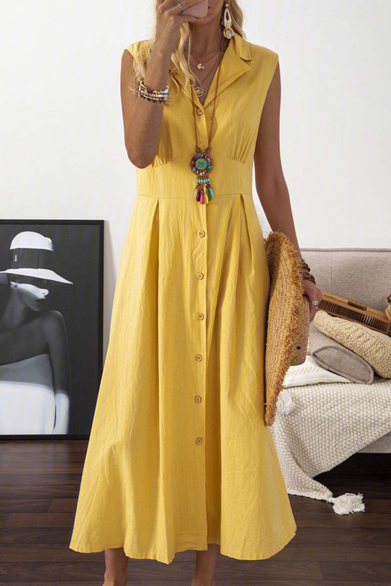 Lapel Button Down Sleeveless Midi Dress