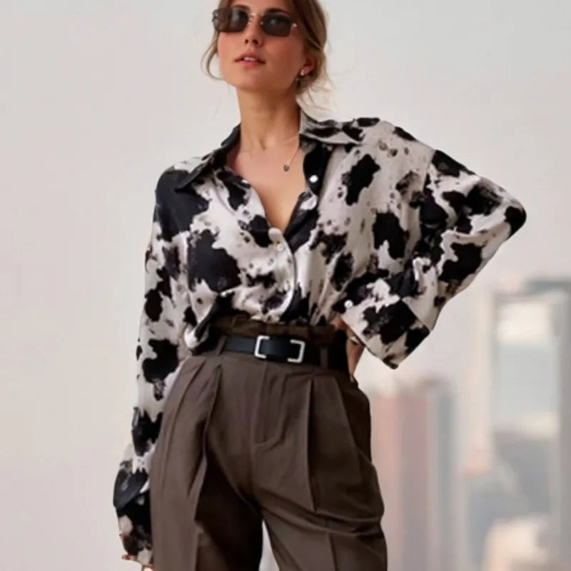 Cow Print Button Up Long Sleeve Blouse