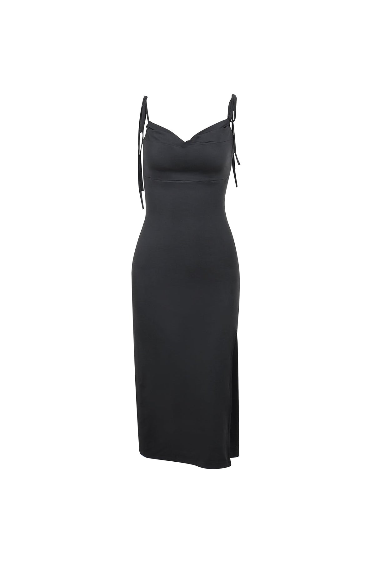 Cowl Neck Tie-Straps Dress With Slit Black / L Midi Dresses