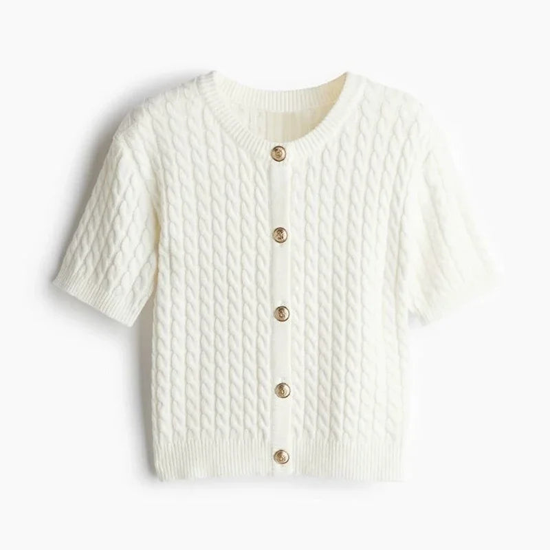 Cozy Solid Slim Single-breasted O-neck Short Sleeve All-match Cardigan 3